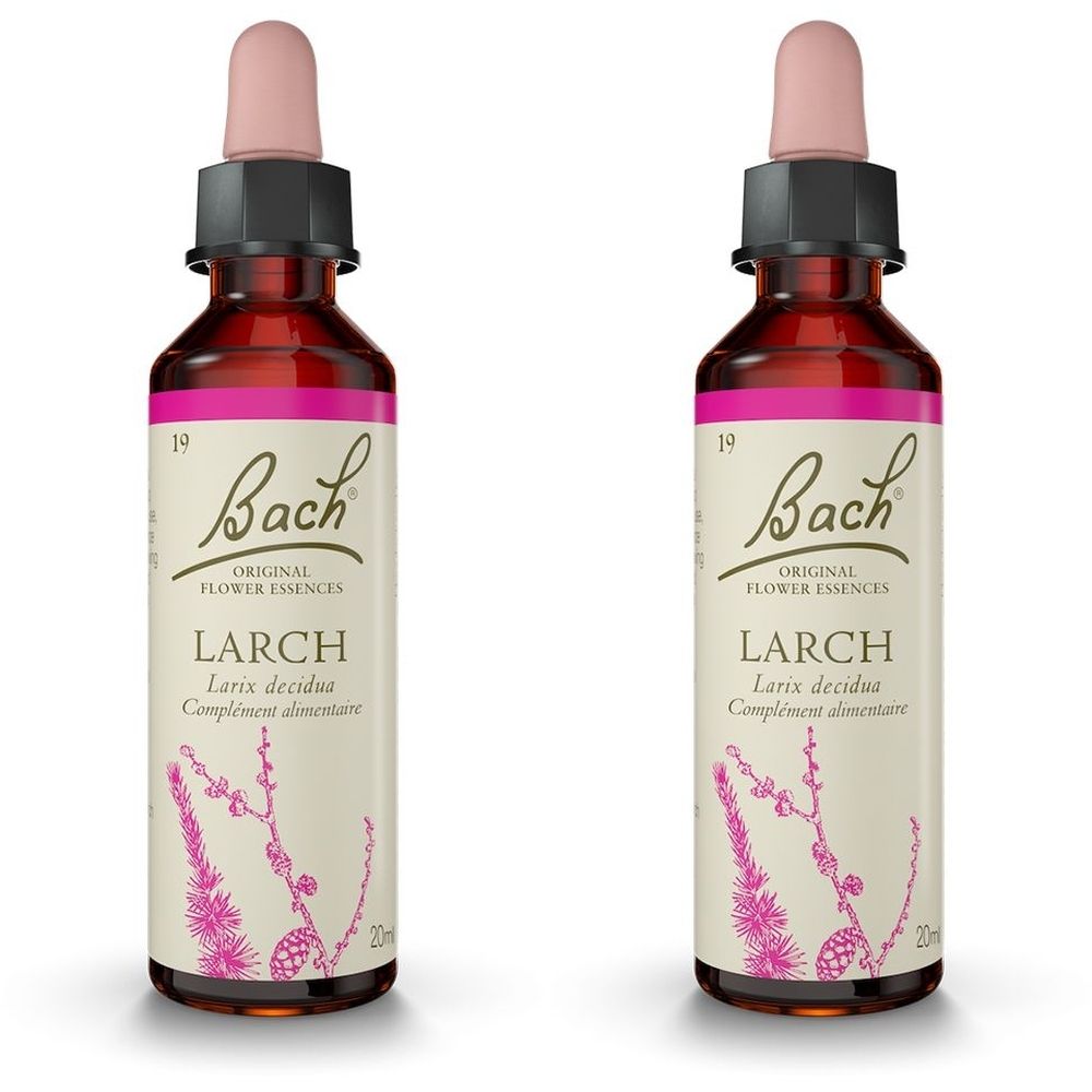 Deux flacons avec pipette rose et liquide brun. Inscription: Bach Original Flower Essences Larch, Larix decidua, Complément alimentaire.