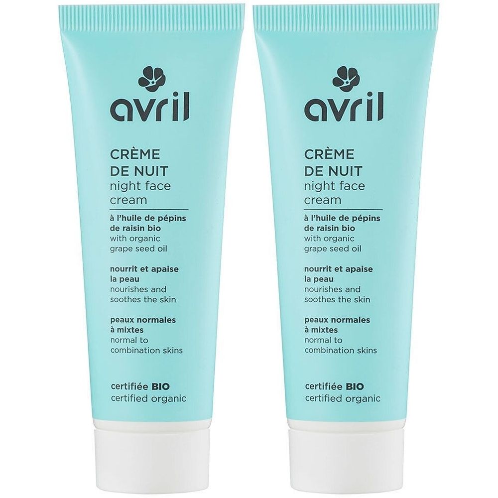 Twee crèmetubes. Opschrift: avril, Crème de Nuit, nachtcrème. Voor normale tot gemengde huid. Gecertificeerd BIO.