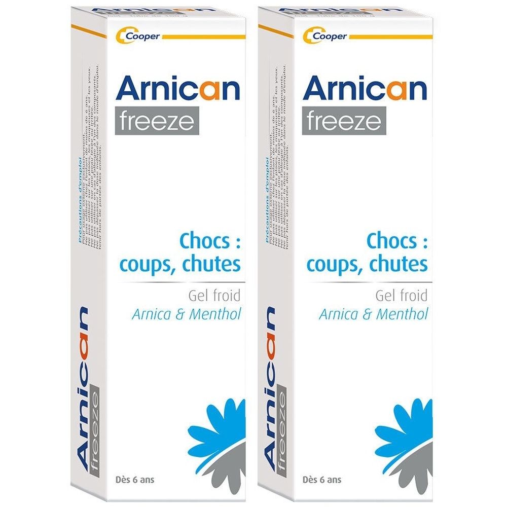 Deux tubes rectangulaires. Inscription: Arnican freeze, Chocs: coups, chutes, Gel froid, Arnica & Menthol. Marque Cooper.