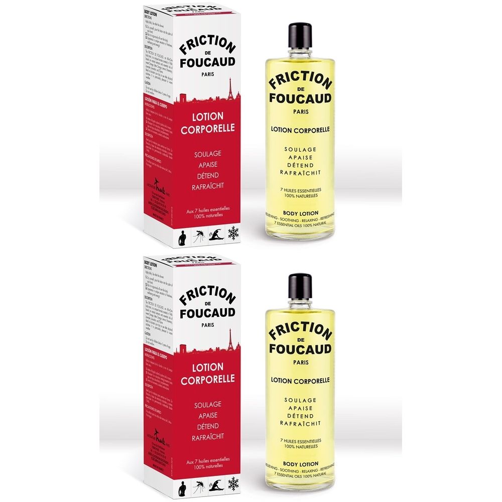 Deux flacons et deux boîtes avec l'inscription "Friction de Foucaud Paris Lotion Corporelle".