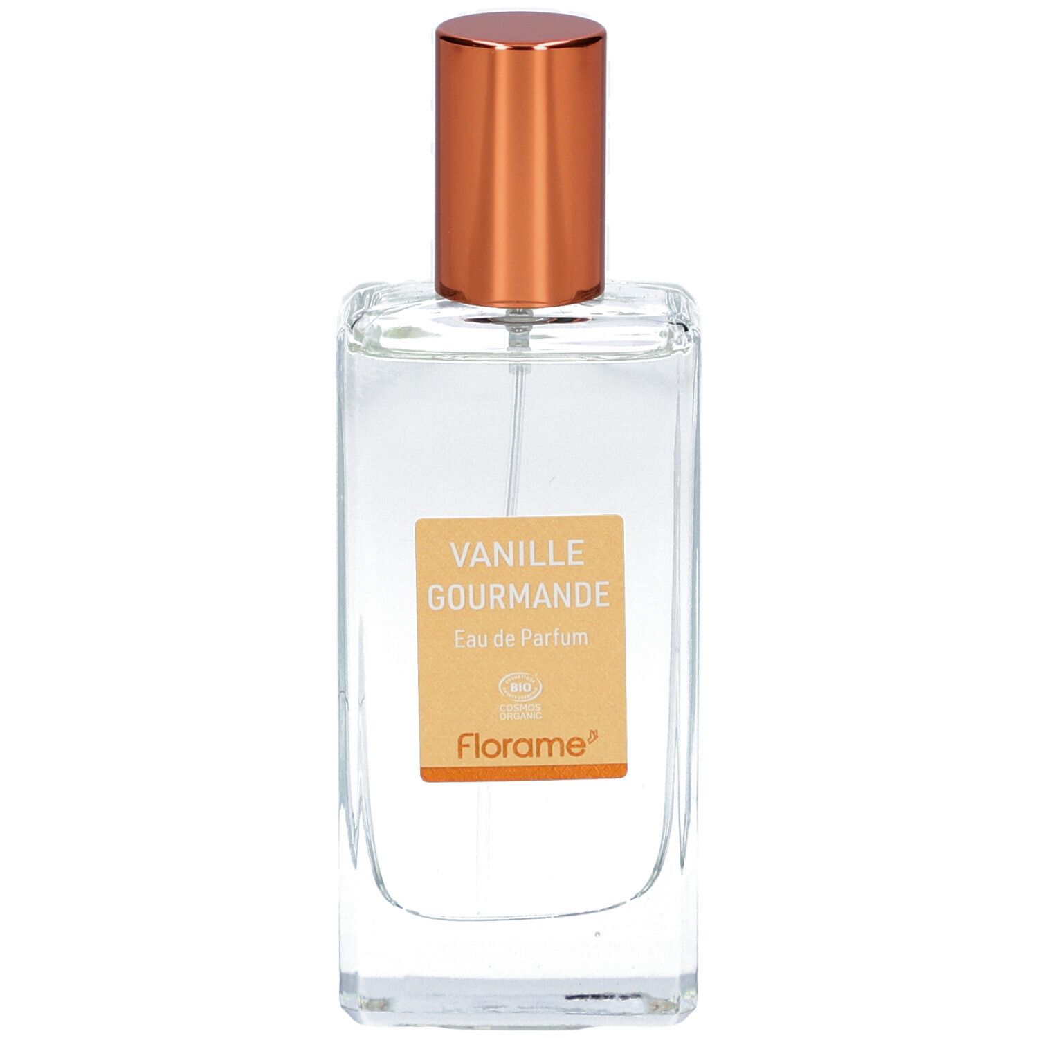 Flacon en verre avec bouchon cuivré. Étiquette "Vanille Gourmande" et "Eau de Parfum". Marque Florame.