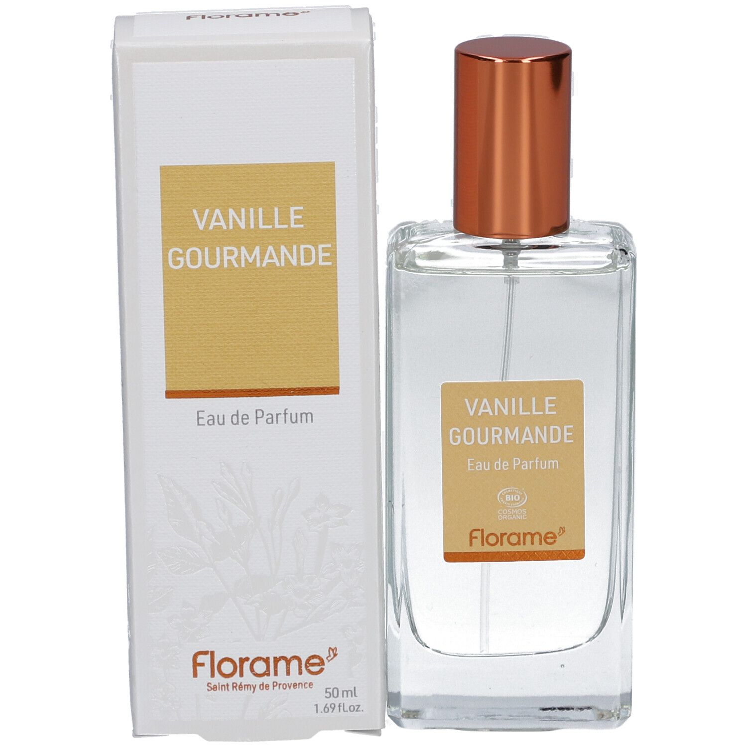 Flacon et emballage. Flacon avec bouchon cuivré. Emballage avec "Vanille Gourmande" et "Eau de Parfum". Marque Florame.