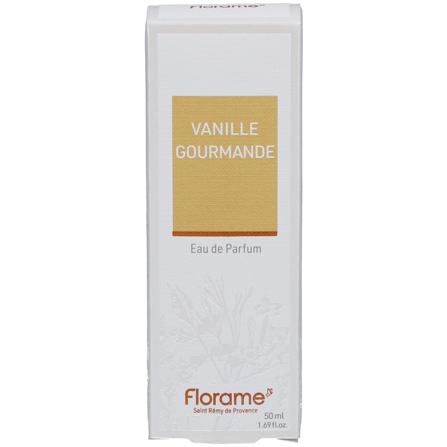 Emballage avec "Vanille Gourmande" et "Eau de Parfum". Marque Florame. Texte et logo sur fond blanc.