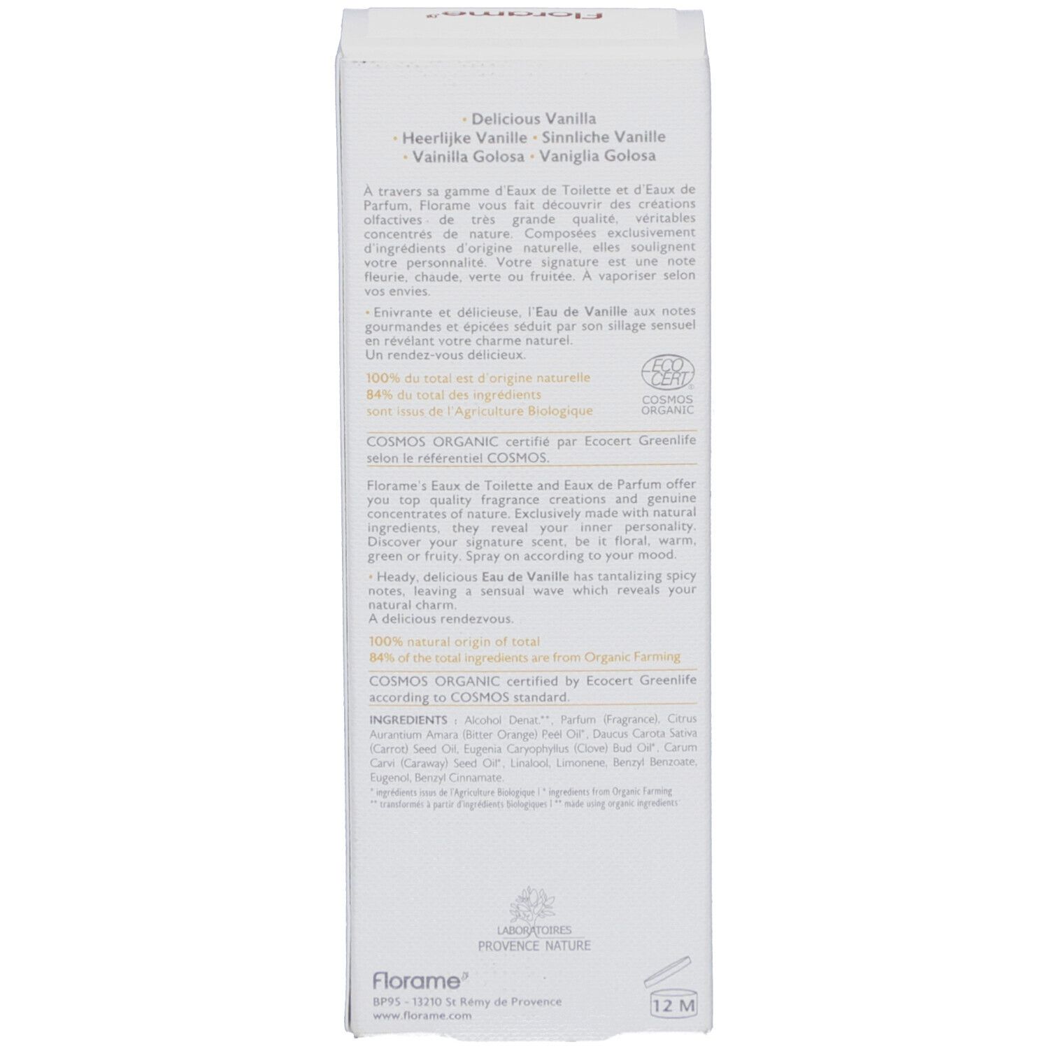 Emballage avec texte en anglais et français. Marque Florame. Certification COSMOS ORGANIC.