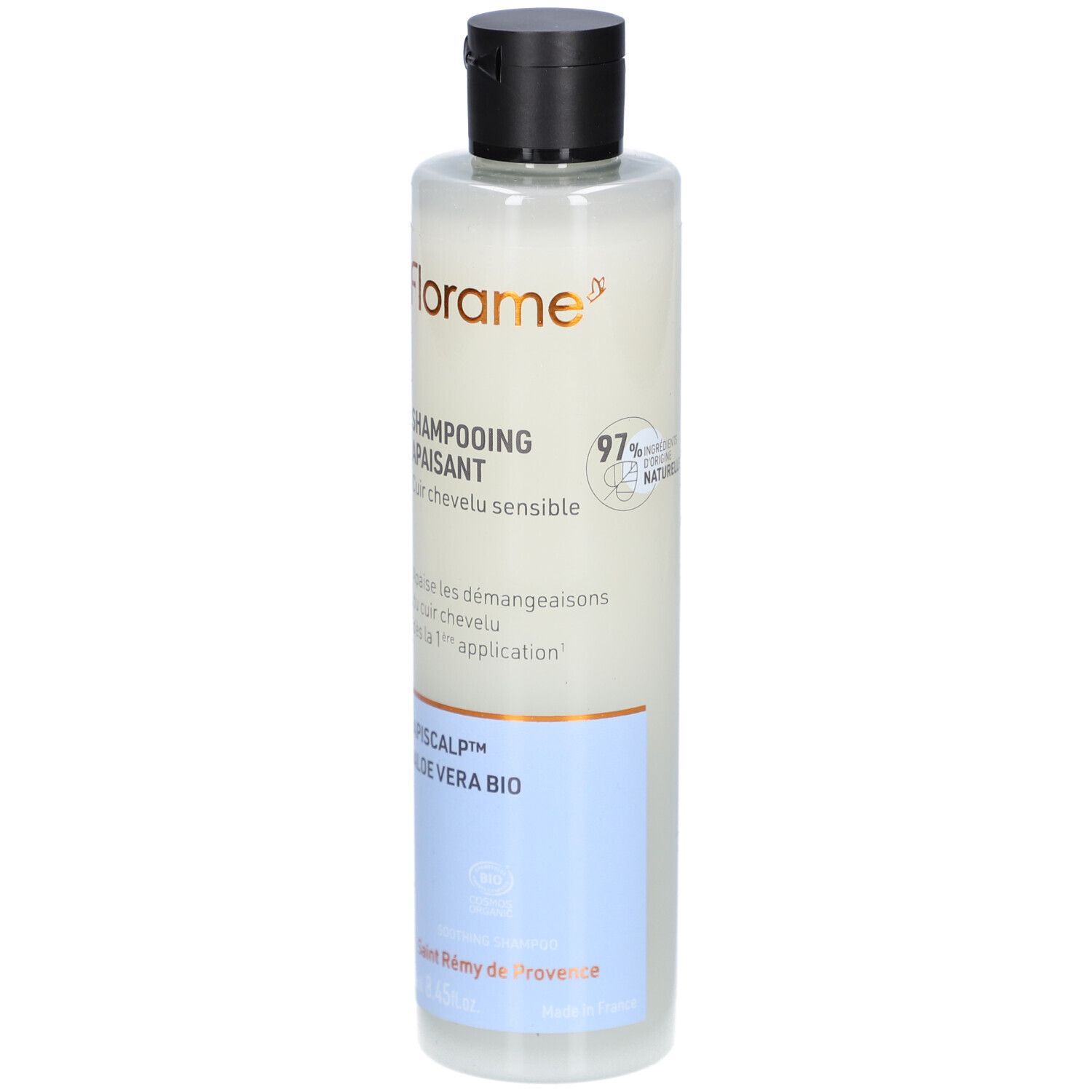 Flacon de shampooing FLORAME, apaisant pour cuir chevelu sensible. Bouchon noir, flacon transparent, étiquette blanche.