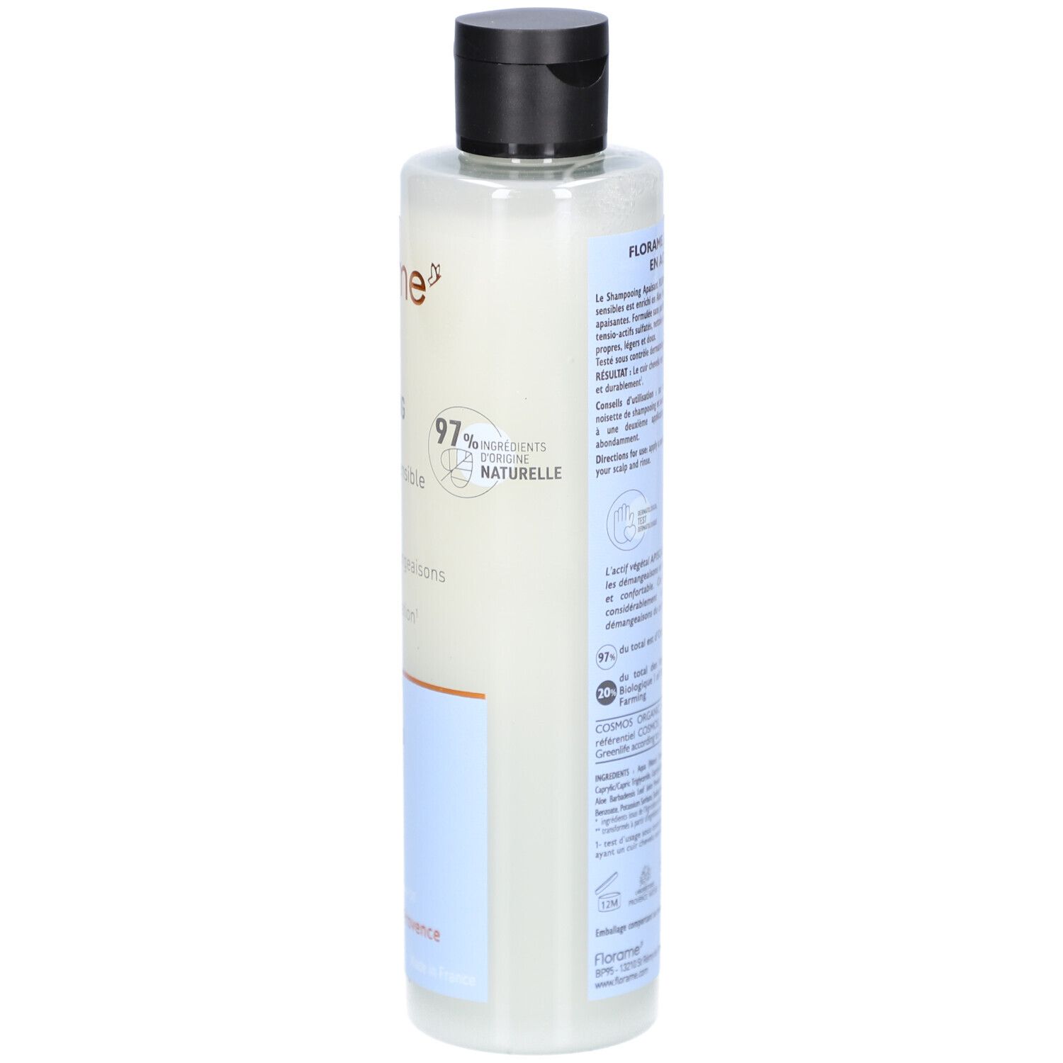 Dos du flacon de shampooing FLORAME. Informations textuelles sur étiquette blanche et bleue. Flacon transparent, bouchon noir.