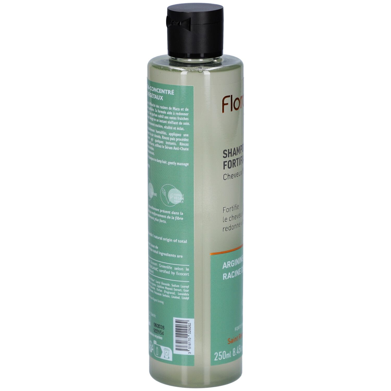 Achterkant van een groene shampoo fles met zwarte dop. Tekst: FLORAME, Shampooing Fortifiant. Ingrediënten, bio-certificering, barcode.