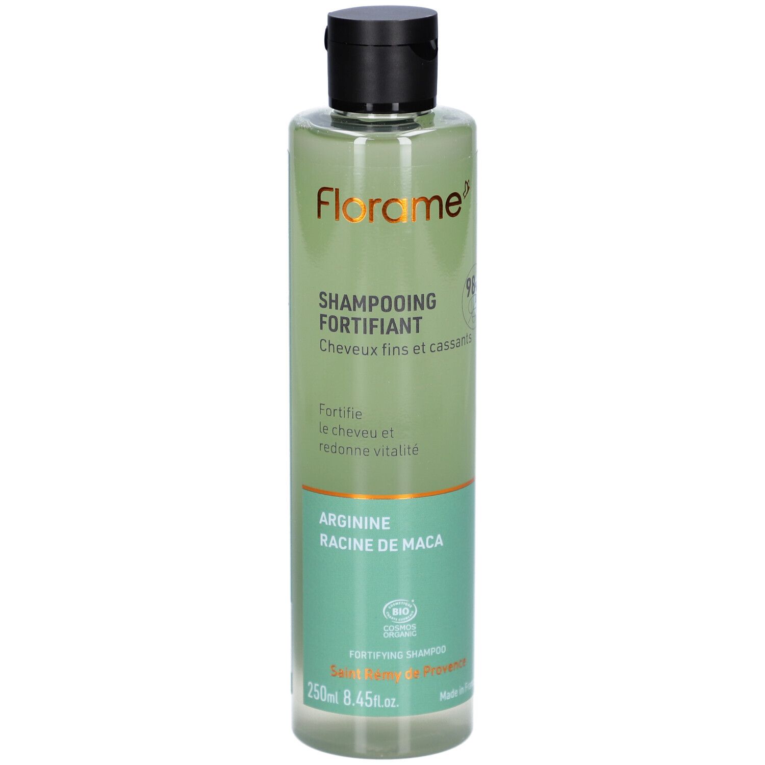 Groene shampoo fles met zwarte dop. Opschrift: FLORAME, Shampooing Fortifiant, Arginine, Racine de Maca. Bio-certificering.