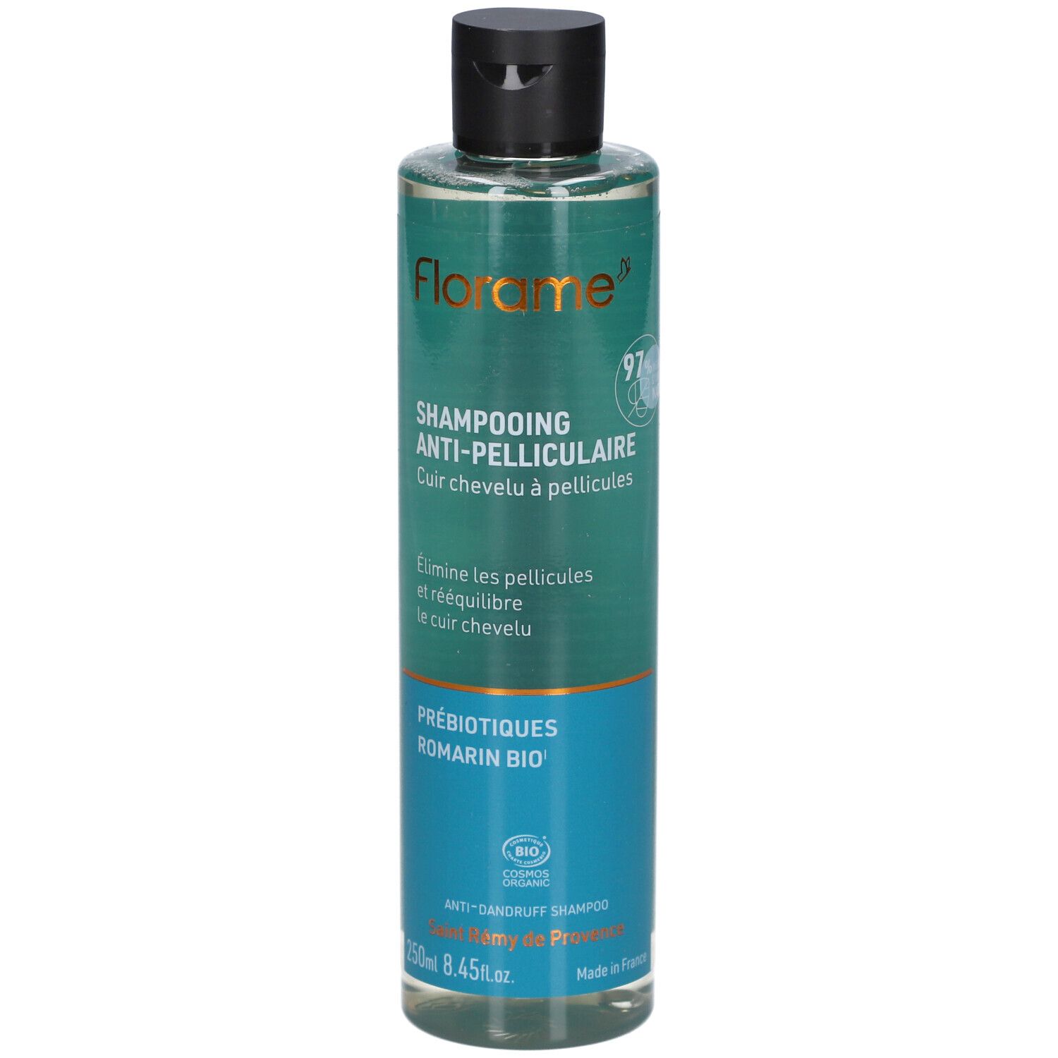 FLORAME Anti-roos shampoo. Fles met zwarte dop. Groen-blauw etiket. Bevat prebiotica en rozemarijn.