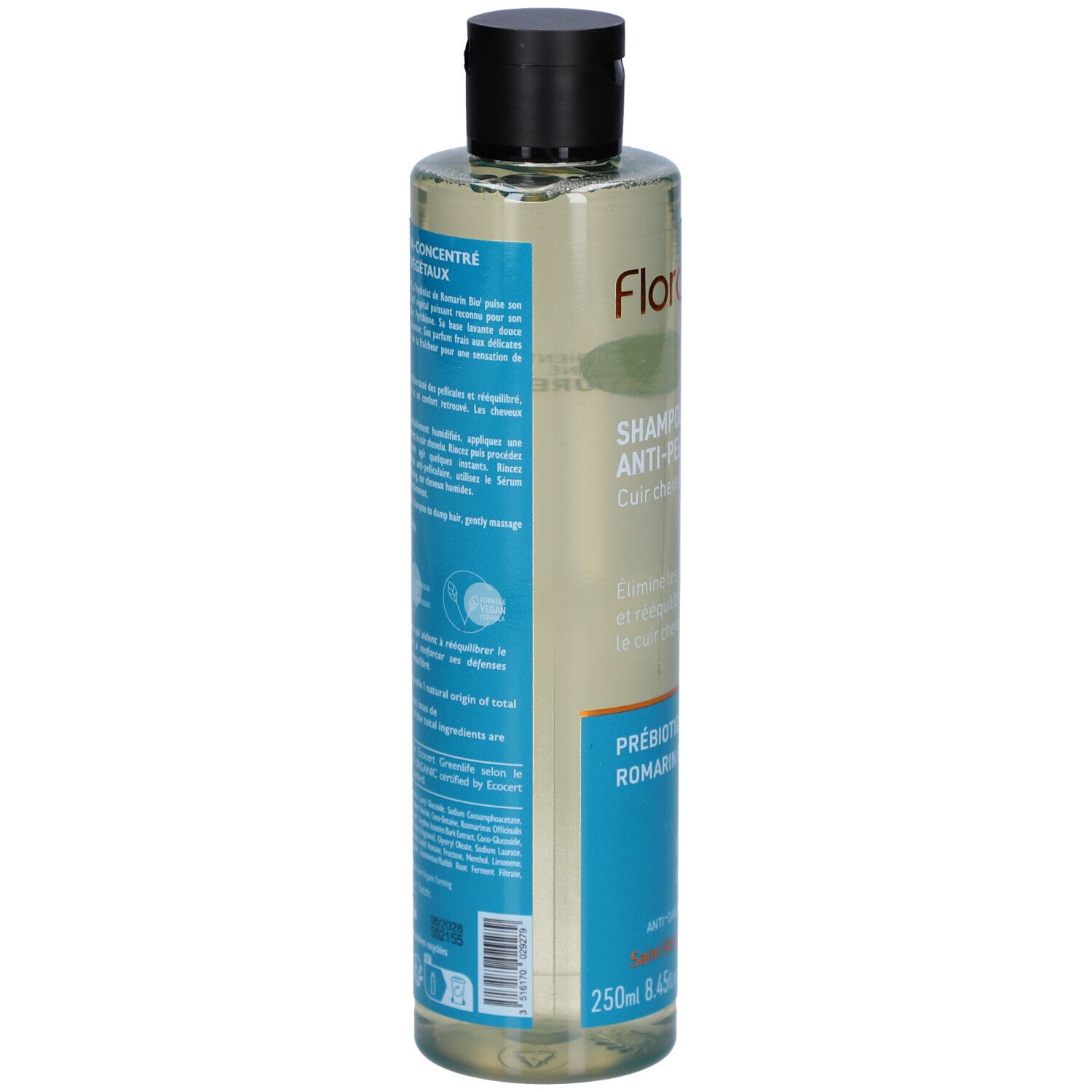 FLORAME Anti-roos shampoo. Fles met zwarte dop. Etiket met productinformatie. Bevat prebiotica en rozemarijn.