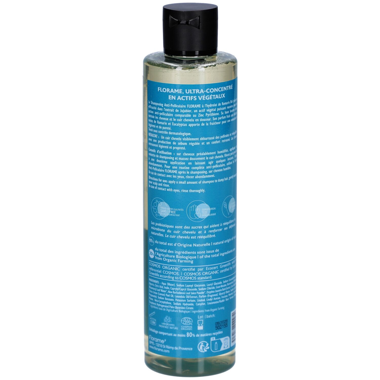 FLORAME Anti-roos shampoo. Achterkant fles met productinformatie. Bevat prebiotica en rozemarijn. Biologisch gecertificeerd.