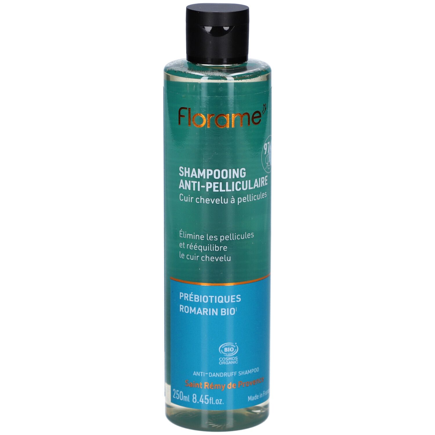 FLORAME Anti-roos shampoo. Fles met zwarte dop. Groen-blauw etiket. Bevat prebiotica en rozemarijn. Biologisch.