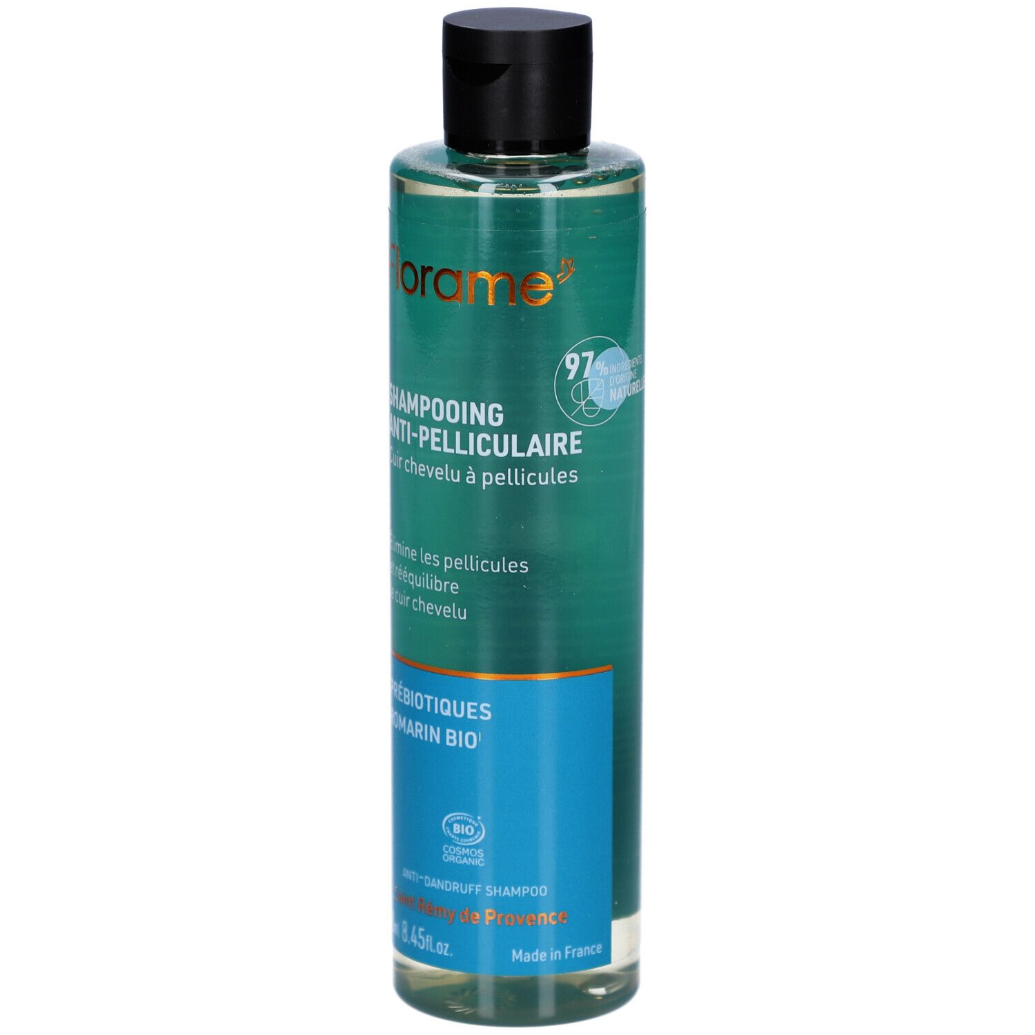 FLORAME Anti-roos shampoo. Fles met zwarte dop. Groen-blauw etiket. Bevat prebiotica en rozemarijn. Biologisch.