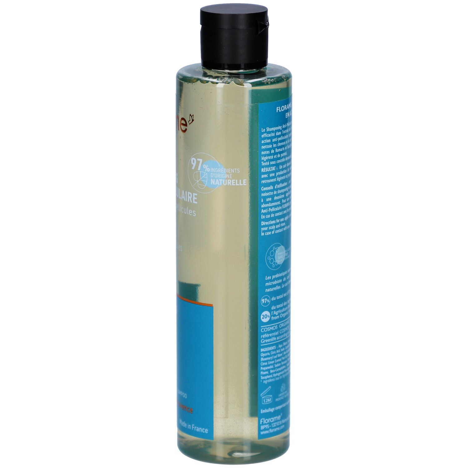 FLORAME Anti-roos shampoo. Fles met zwarte dop. Etiket met productinformatie. Biologische certificering.