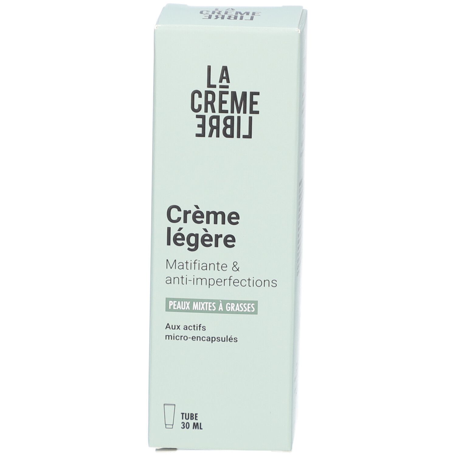 Boîte avec inscription: La Crème Libre, Crème légère, Matifiante & anti-imperfections, Peaux mixtes à grasses.