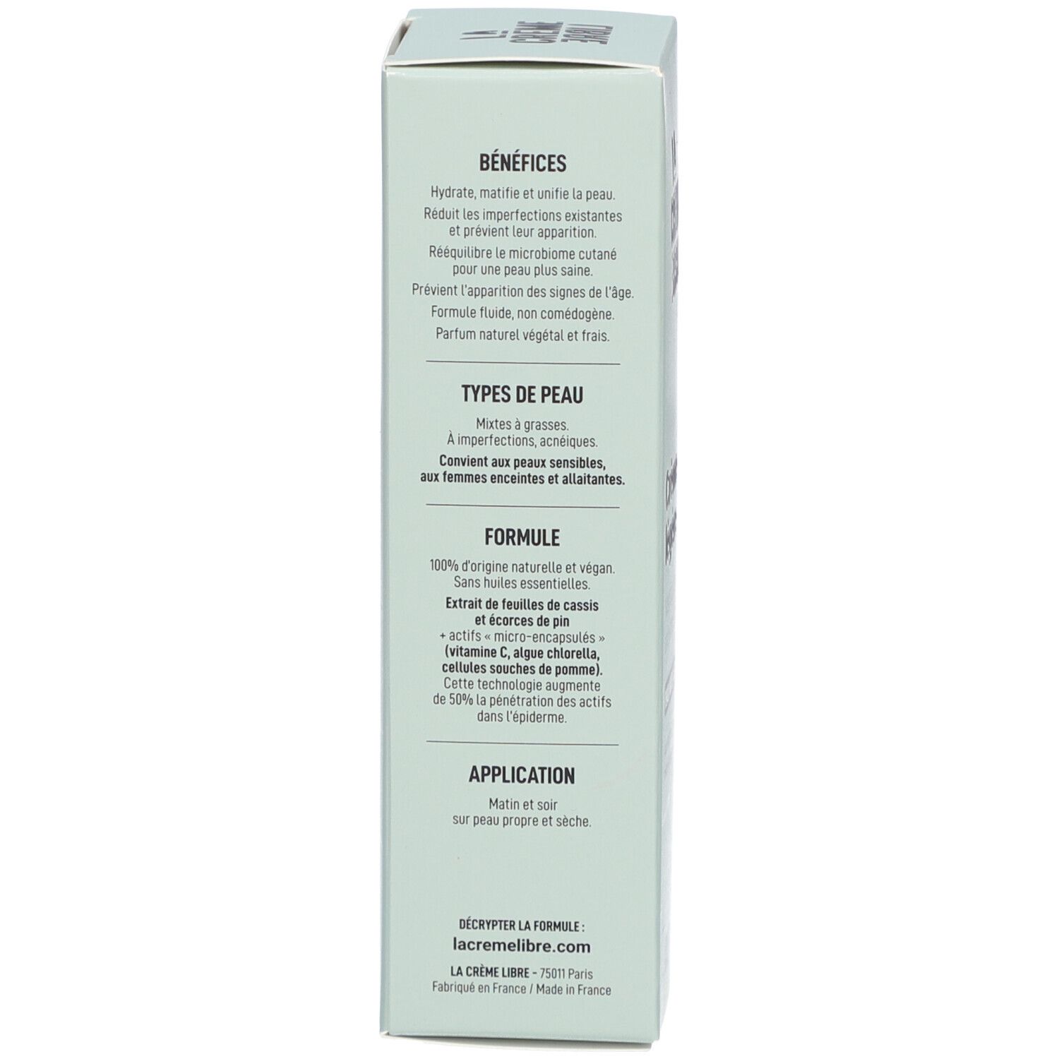 Dos de la boîte. Texte sur les avantages, les types de peau, la formule et l'application.
