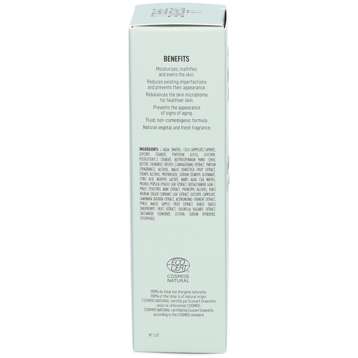 Dos de la boîte. Texte sur les avantages et les ingrédients. Certification COSMOS NATURAL.