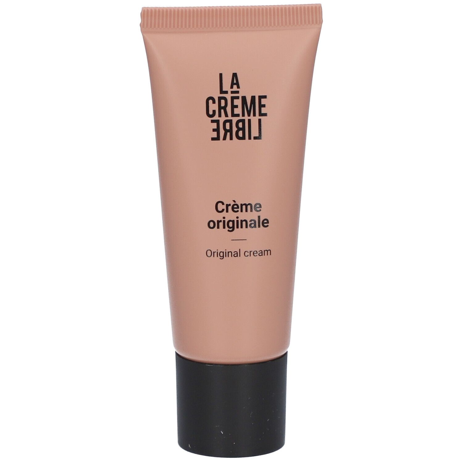 Beige tube met zwarte dop. Opschrift: La Crème Libre, Crème originale, Original cream.