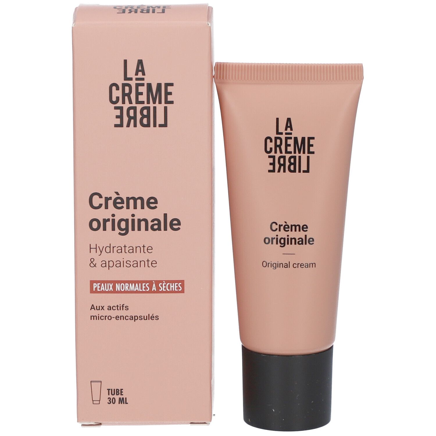 Beige tube en doos. Opschrift: La Crème Libre, Crème originale, Hydratante & apaisante.