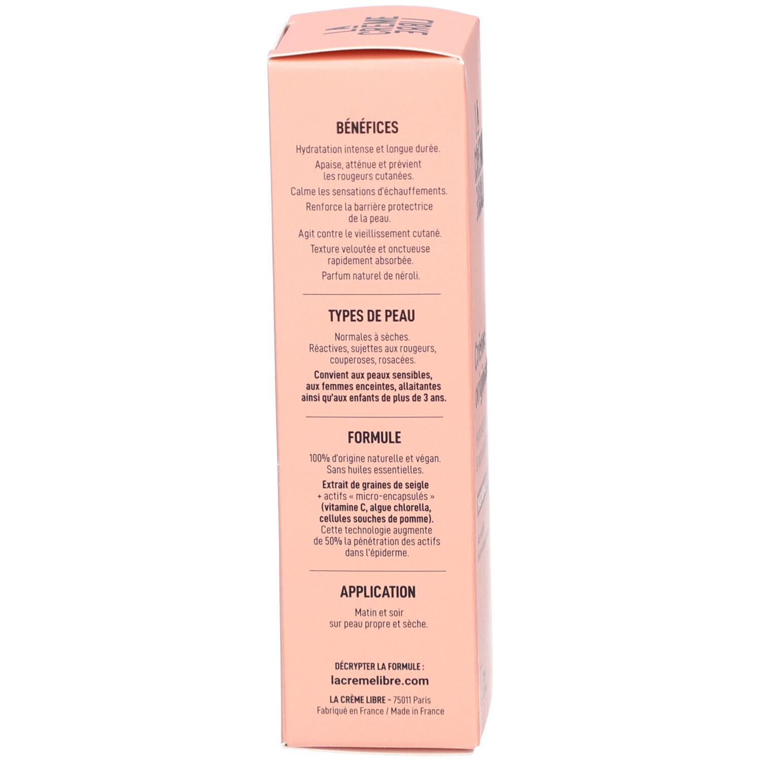 Beige doos met tekst. Voordelen, huidtypes, formule, toepassing. Tube-symbool.