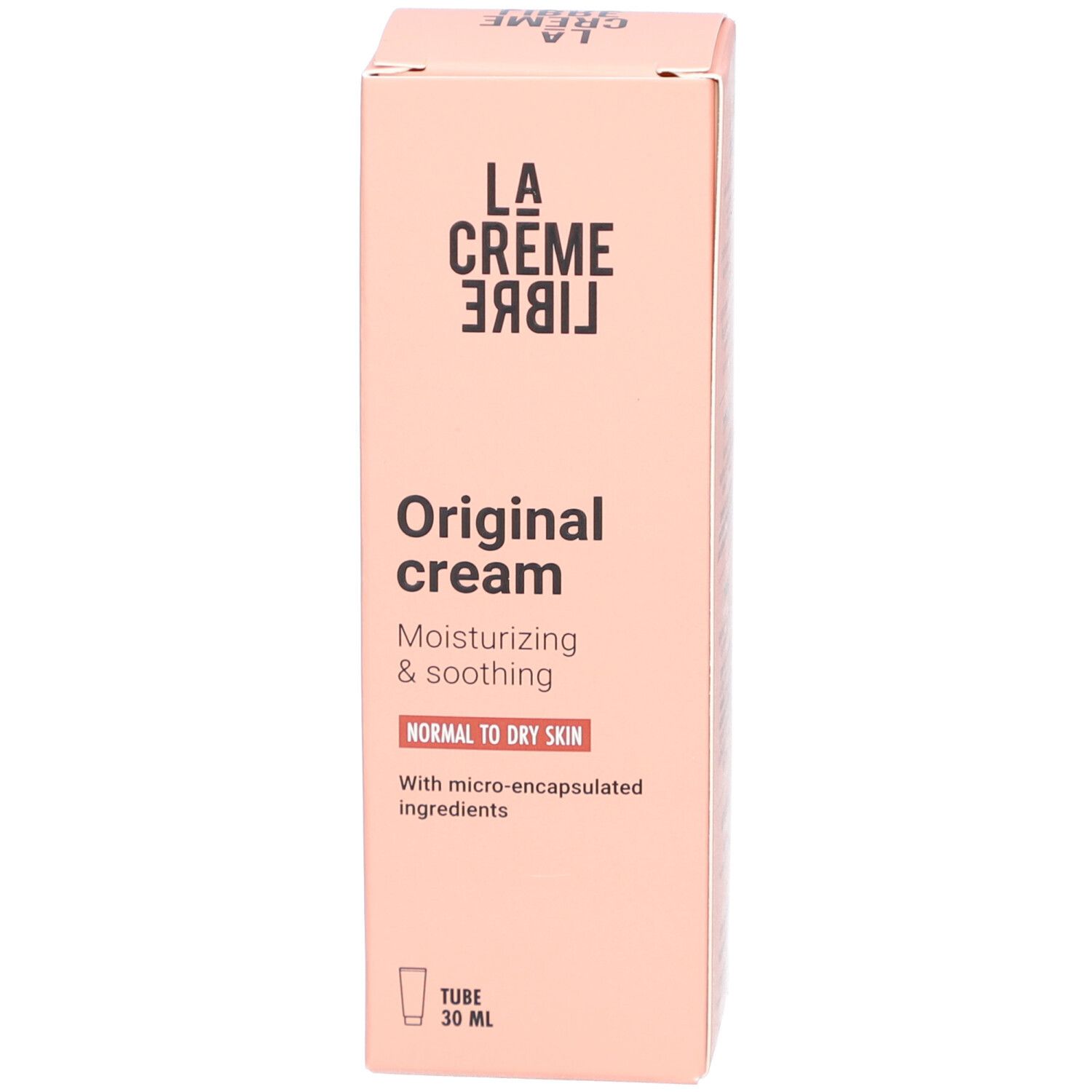 Beige doos. Opschrift: La Crème Libre, Original cream, Moisturizing & soothing. Voor normale tot droge huid.