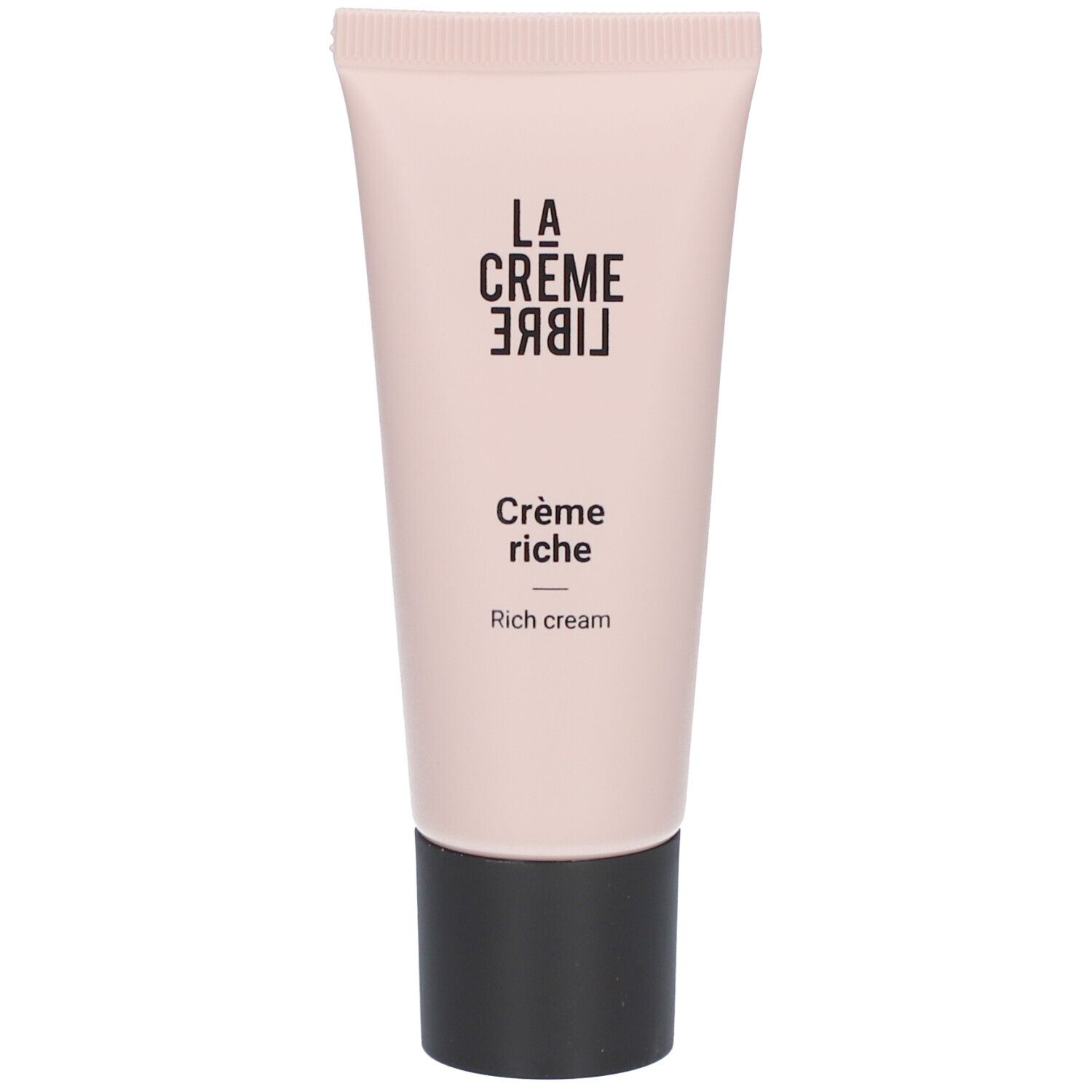 Roze tube met zwarte dop. Opschrift: La Crème Libre, Crème riche, Rich cream.