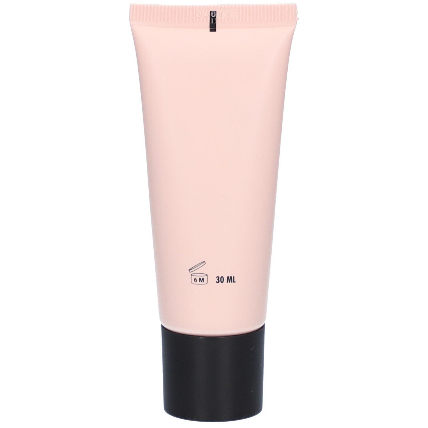 Achterkant van een roze tube met zwarte dop. Opschrift: 30 ml, 6M.
