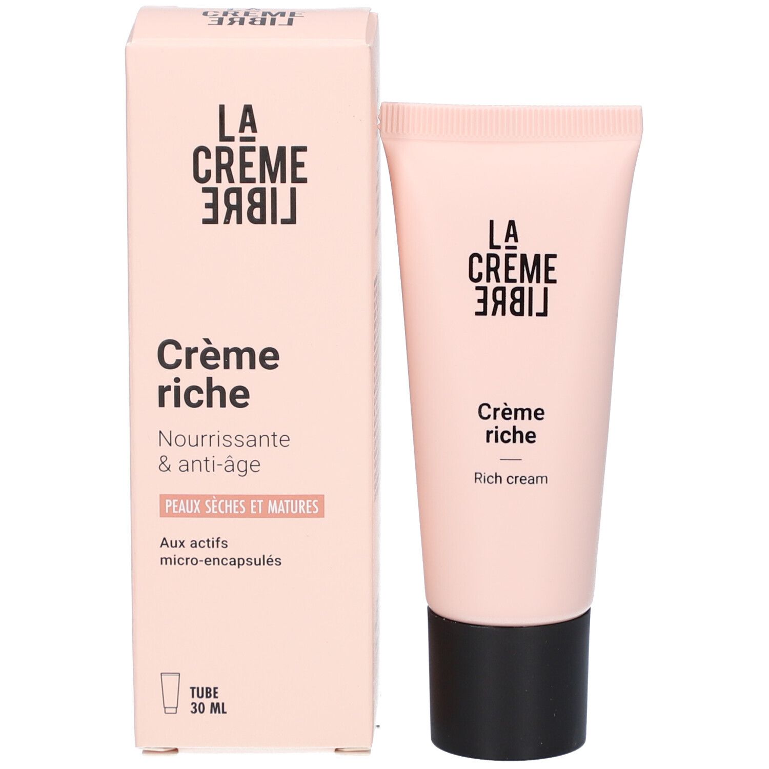 Roze doos en tube. Opschrift: La Crème Libre, Crème riche, Nourrissante & anti-âge, Peaux sèches et matures.