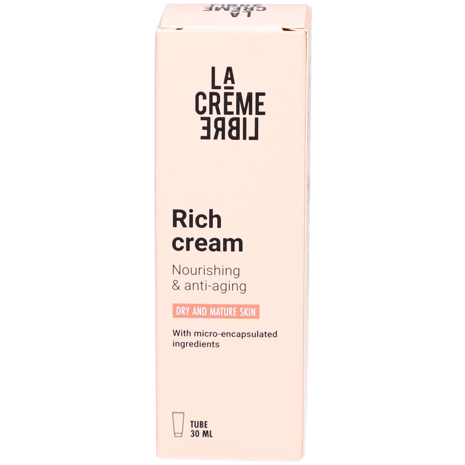 Voorkant van een roze doos. Opschrift: La Crème Libre, Rich cream, Nourishing & anti-aging, Dry and mature skin.