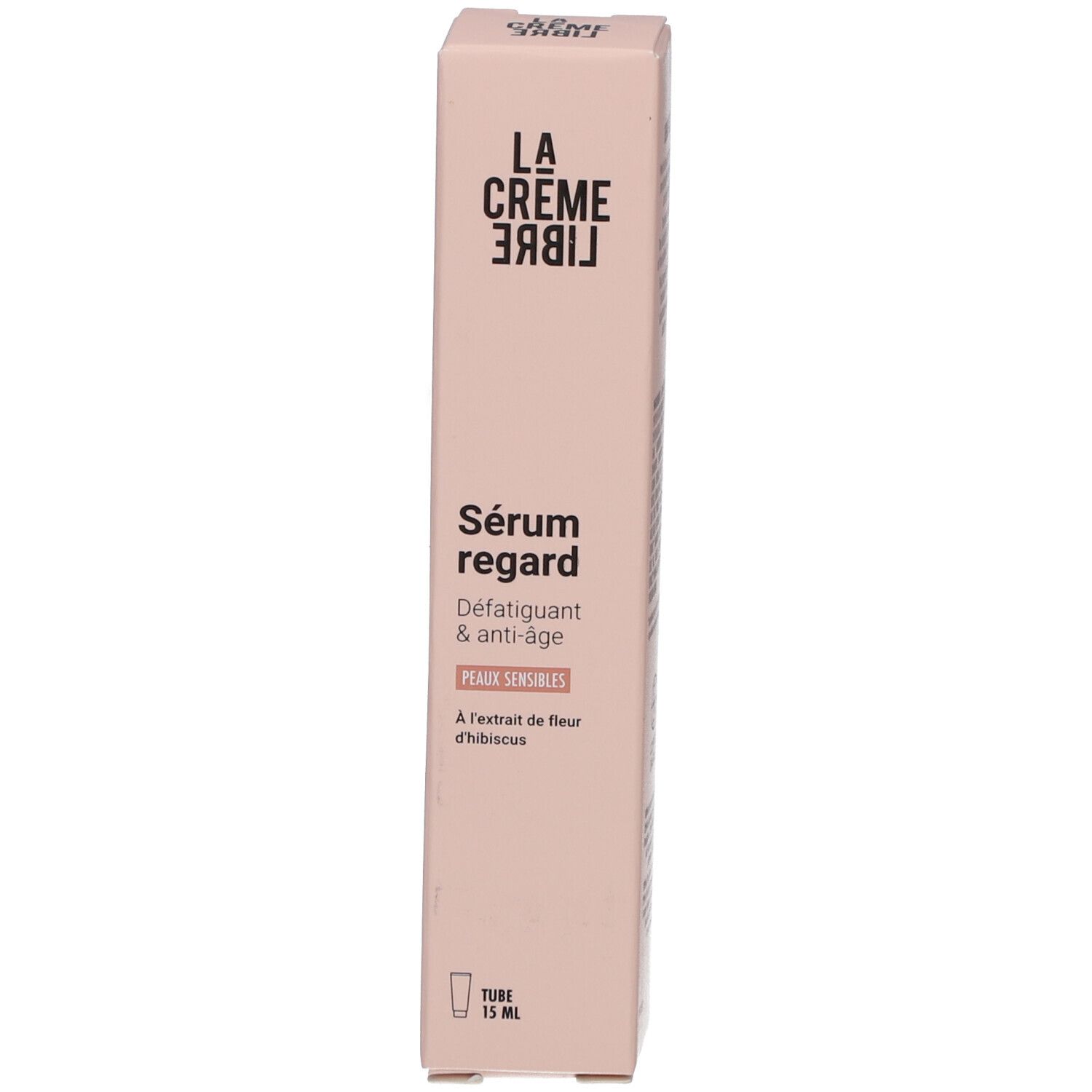 Roze doos. Opschrift: LA CRÈME LIBRE, Sérum regard, Défatigant & anti-âge, Peaux sensibles.