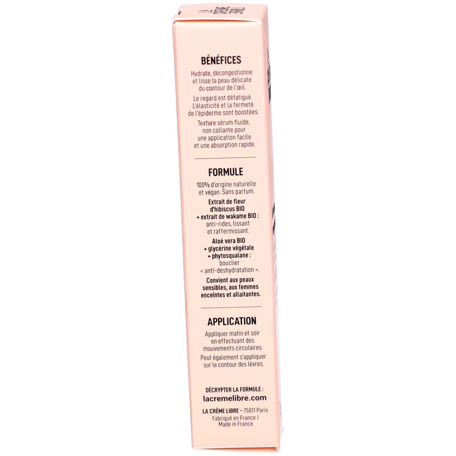 Roze doos, achterkant. Tekst over voordelen, formule, toepassing en ingrediënten.