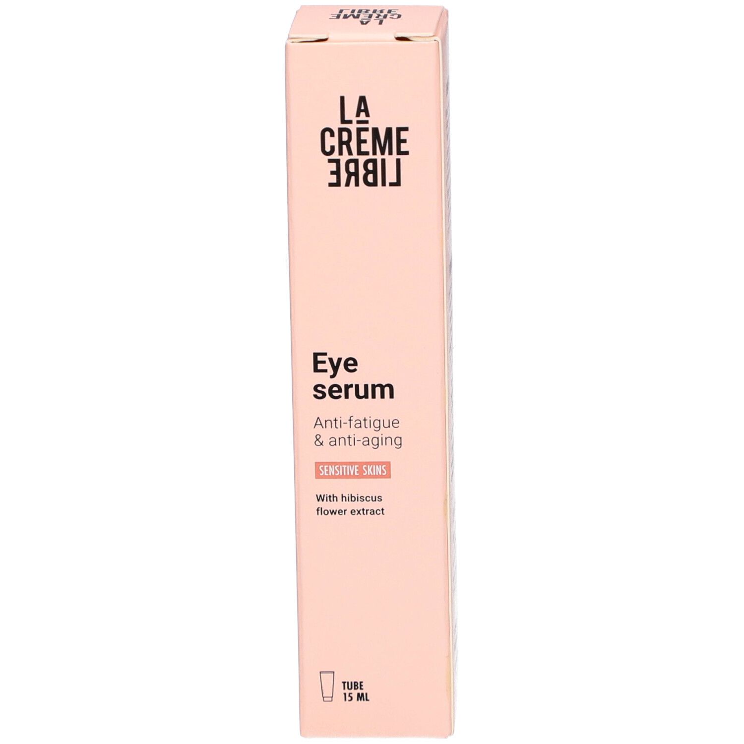 Roze doos. Opschrift: LA CRÈME LIBRE, Eye serum, Anti-fatigue & anti-aging, Sensitive skins.