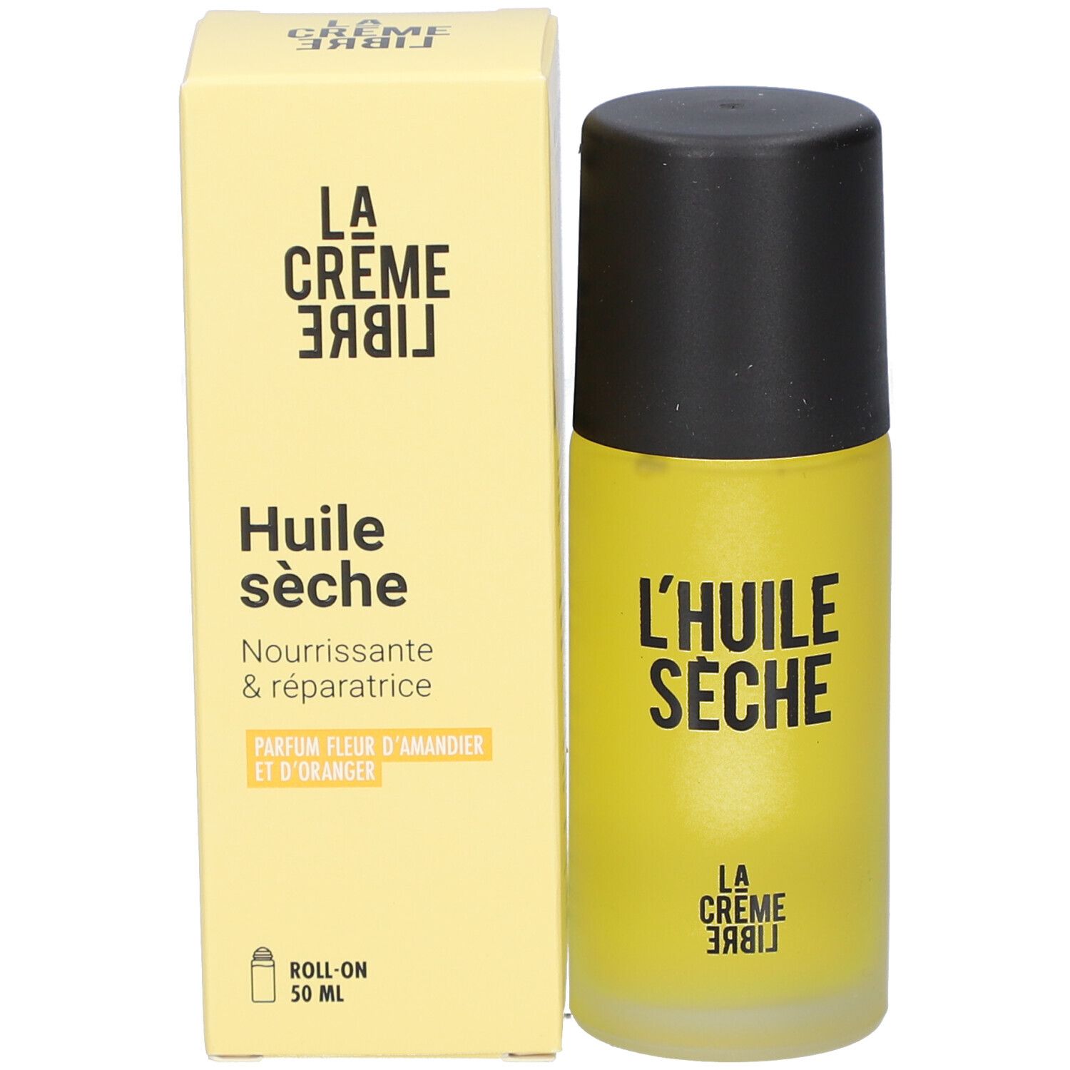 Gele fles en doos. Opschrift: L'HUILE SÈCHE, LA CRÈME LIBRE. Doos: Huile sèche, Parfum fleur d'amandier et d'oranger.