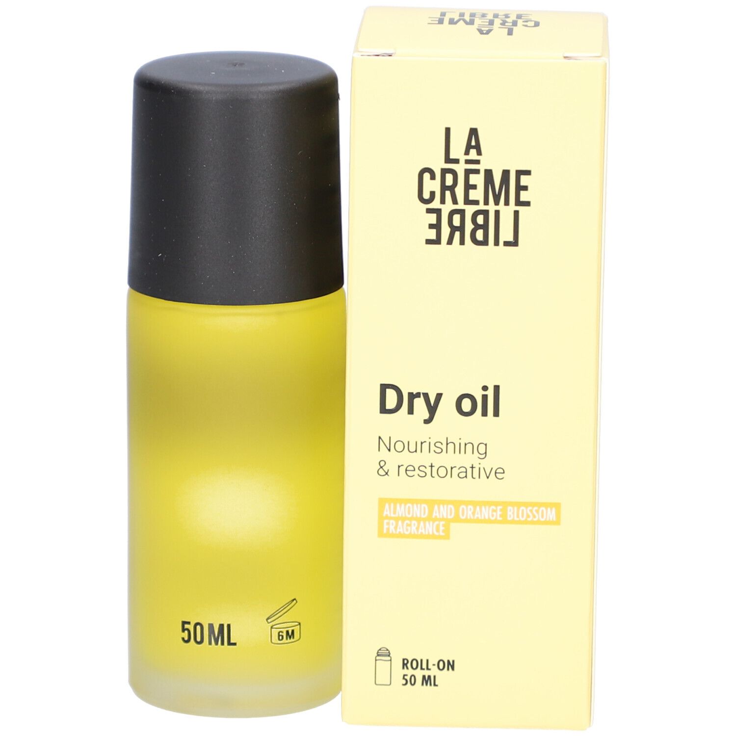 Gele fles en doos. Opschrift: Dry oil, Nourishing & restorative, Almond and orange blossom fragrance.
