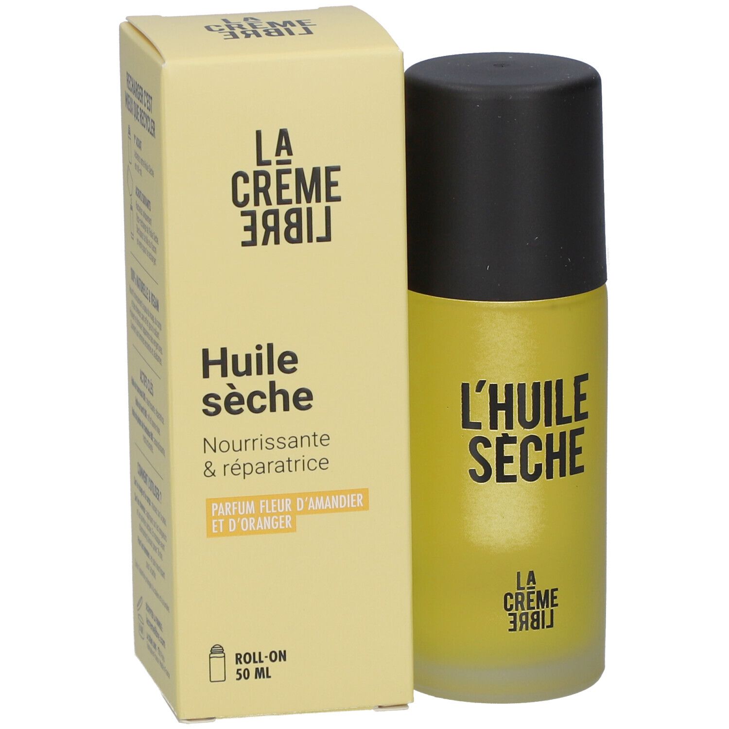 Gele fles en doos. Opschrift: Huile sèche, Nourrissante & réparatrice, Parfum fleur d'amandier et d'oranger.