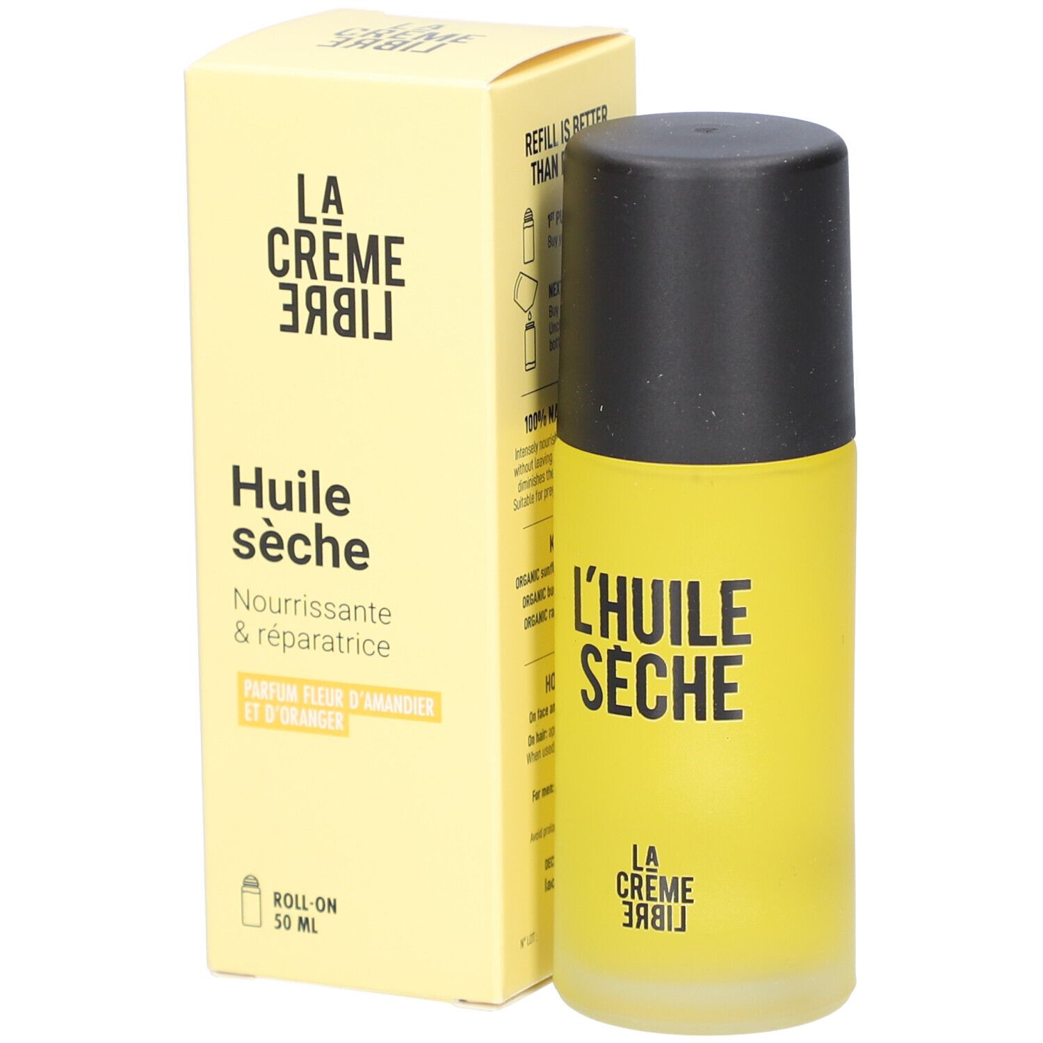 Gele fles en doos. Opschrift: Huile sèche, Nourrissante & réparatrice, Parfum fleur d'amandier et d'oranger.