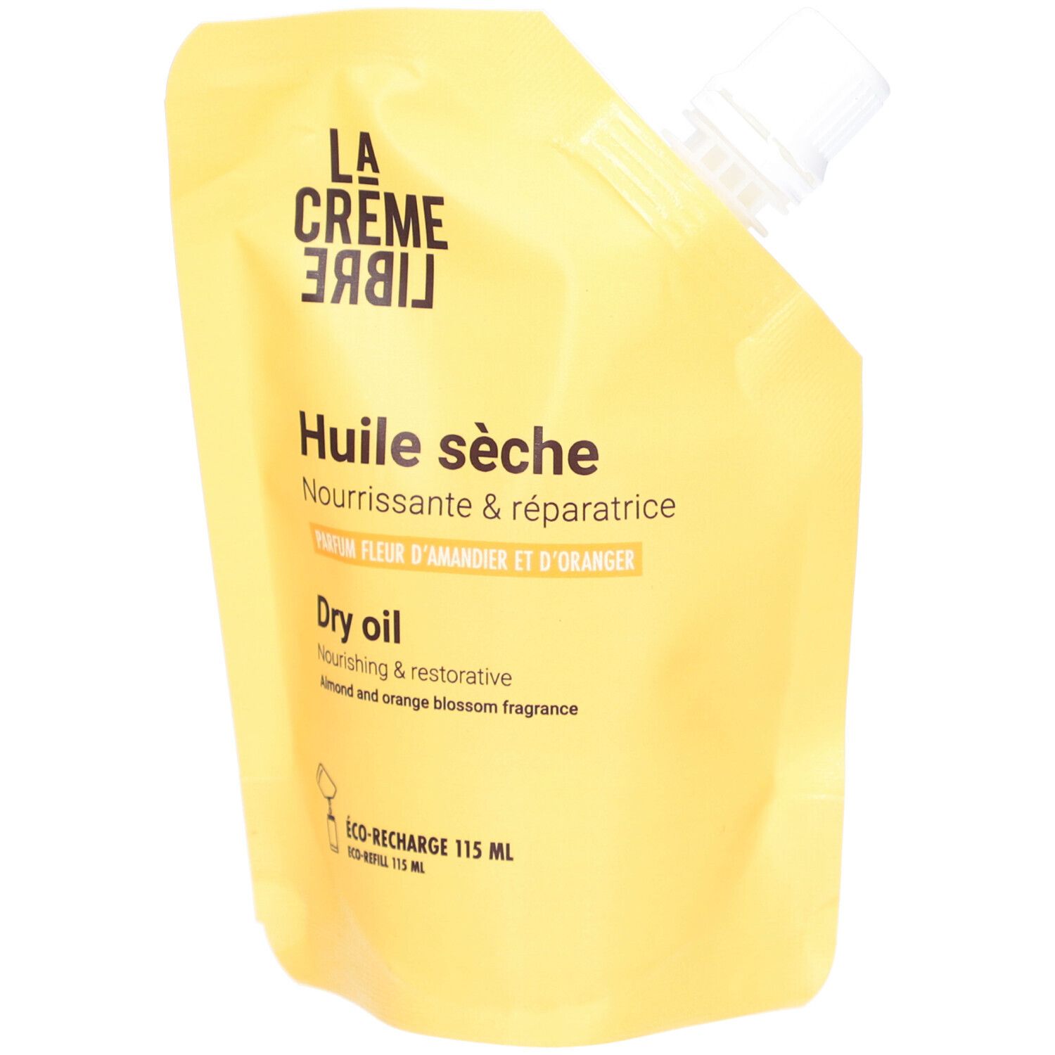Gele navulverpakking met productinformatie. Tekst: "Huile sèche", "Fleur d'Oranger & d'Amandier", "Dry oil".