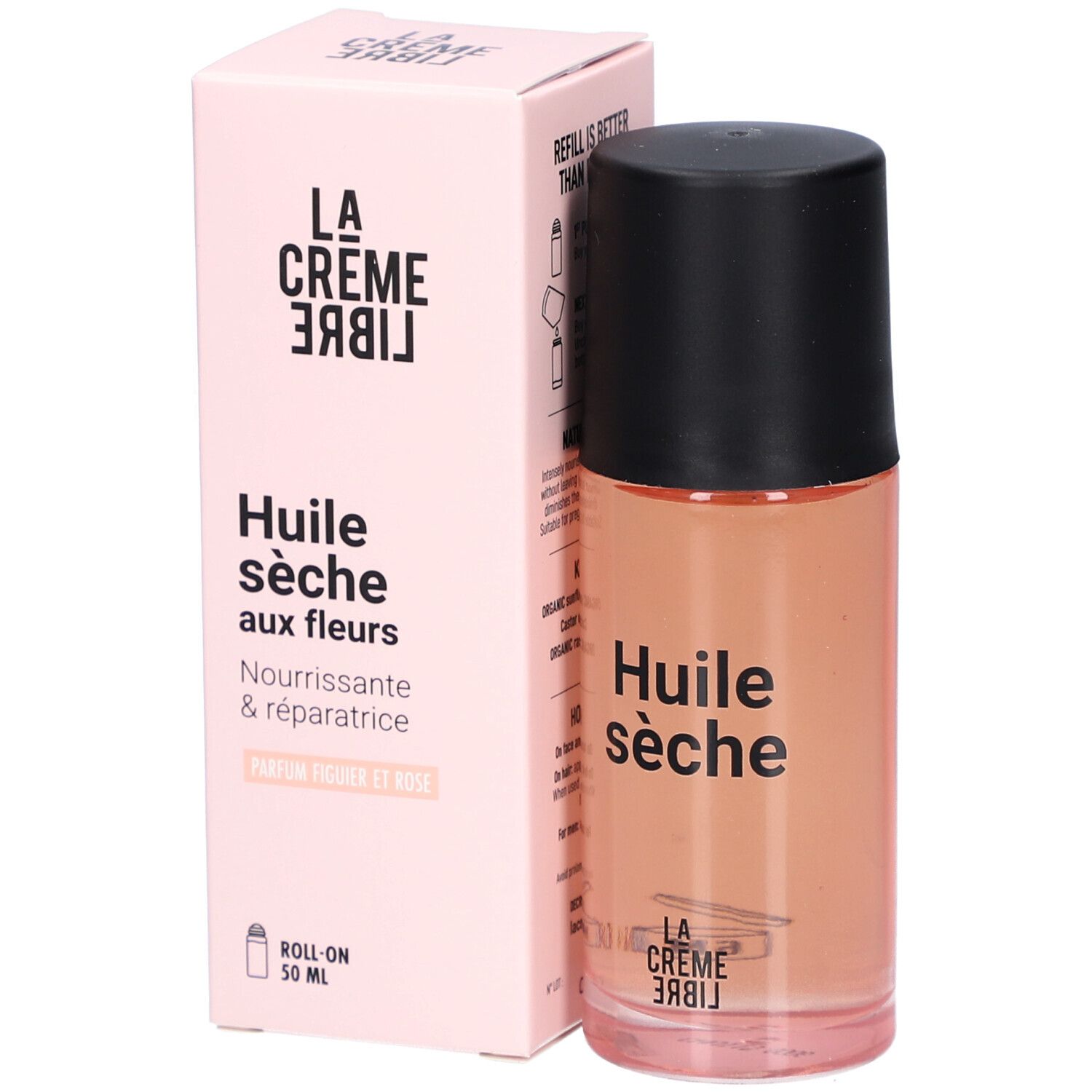 Flacon et boîte roses. Inscription : La Crème Libre, Huile sèche aux fleurs, Roll-on 50 ml. Flacon avec bouchon noir.