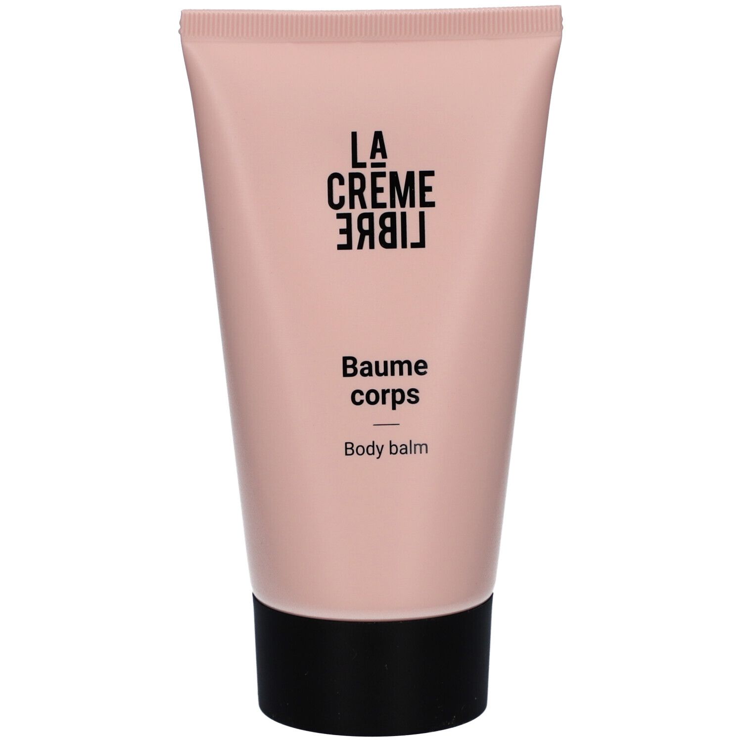 Tube rose avec bouchon noir. Inscription : La Crème Libre, Baume Corps, Body balm.