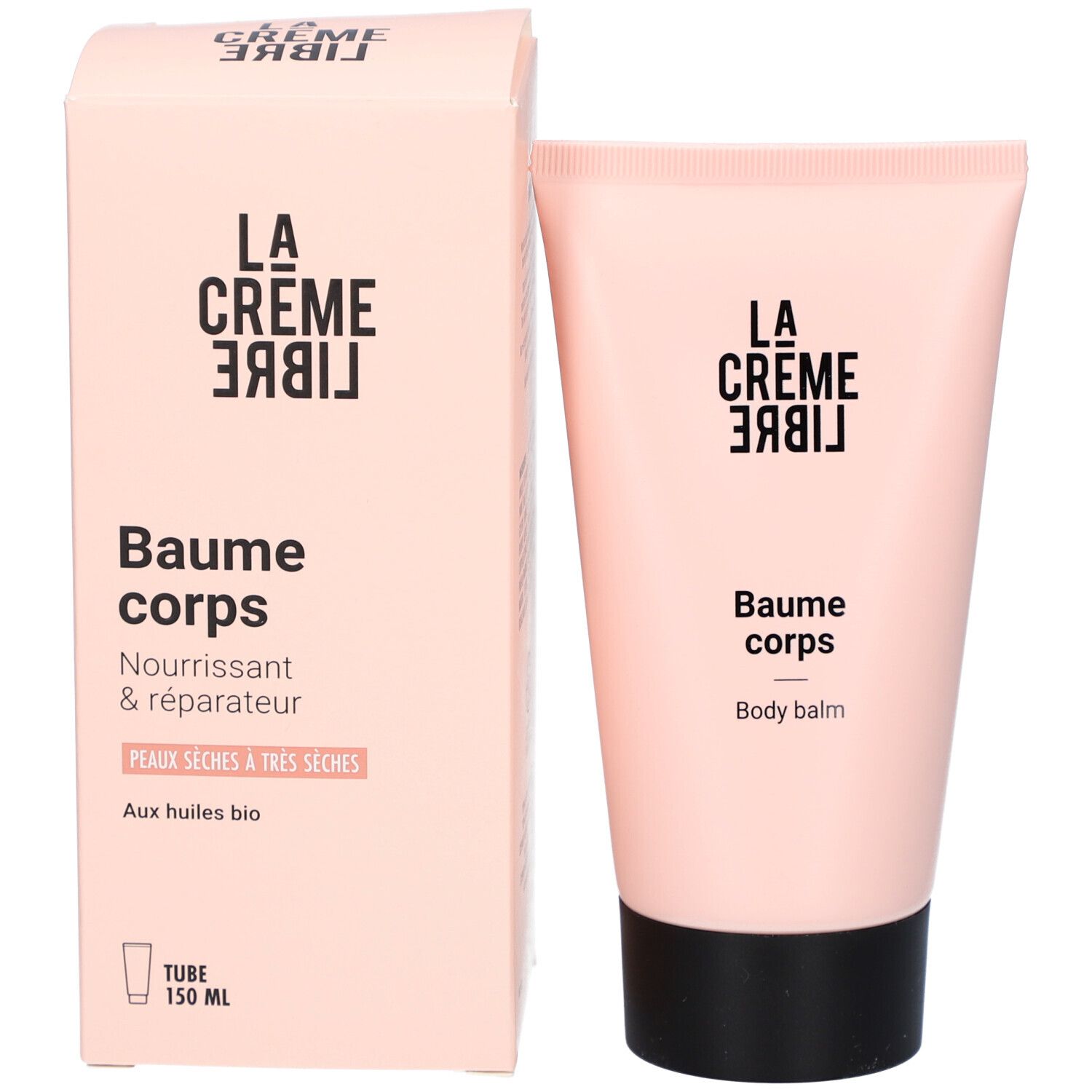 Tube et boîte roses. Inscription : La Crème Libre, Baume Corps, Nourrissant & réparateur. Tube 150 ml.