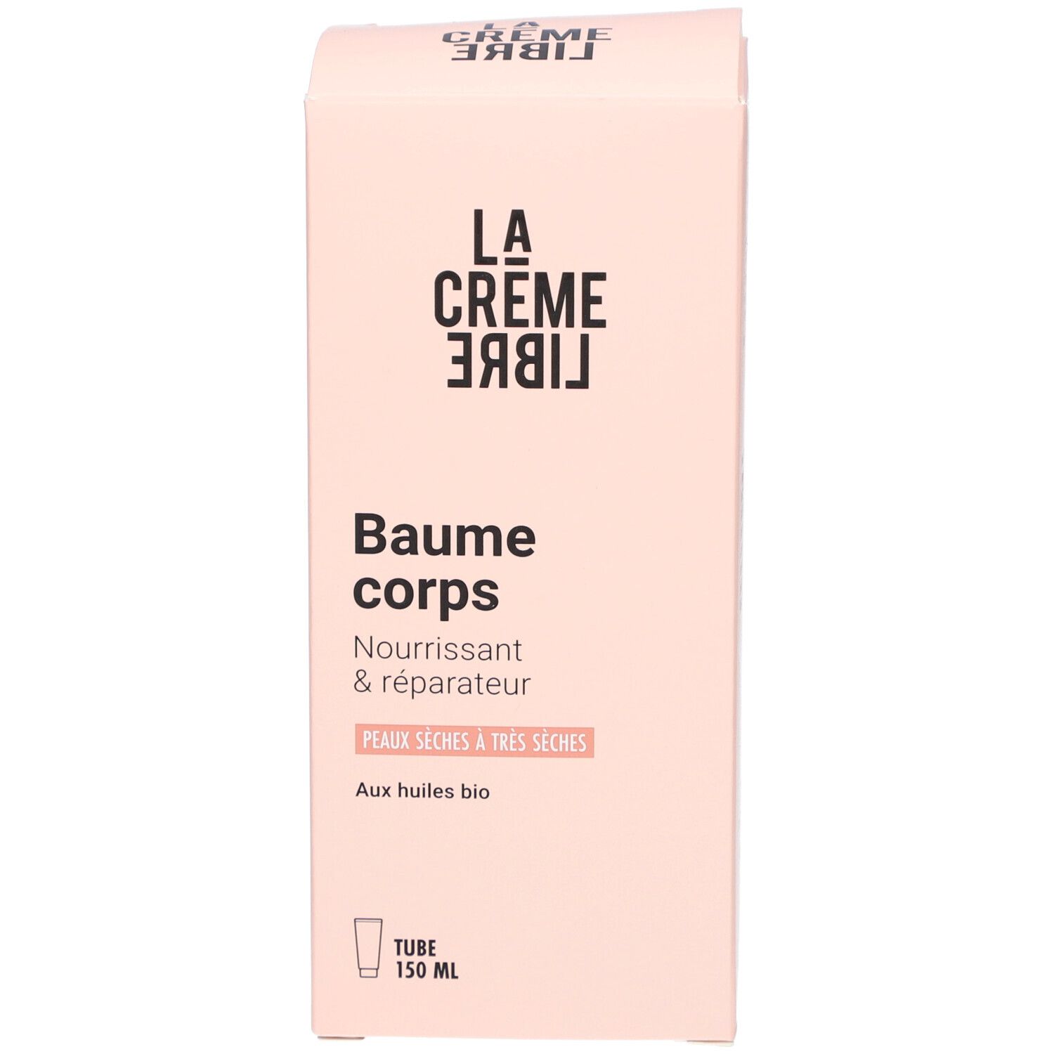 Boîte rose. Inscription : La Crème Libre, Baume Corps, Nourrissant & réparateur. Tube 150 ml.