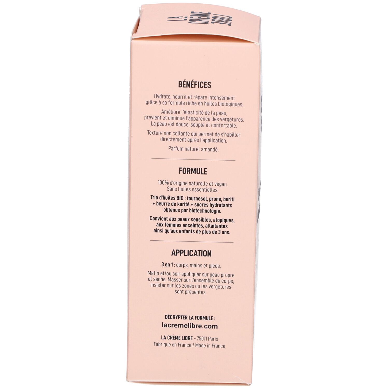 Dos de la boîte rose. Texte sur les avantages, l'application et les ingrédients.