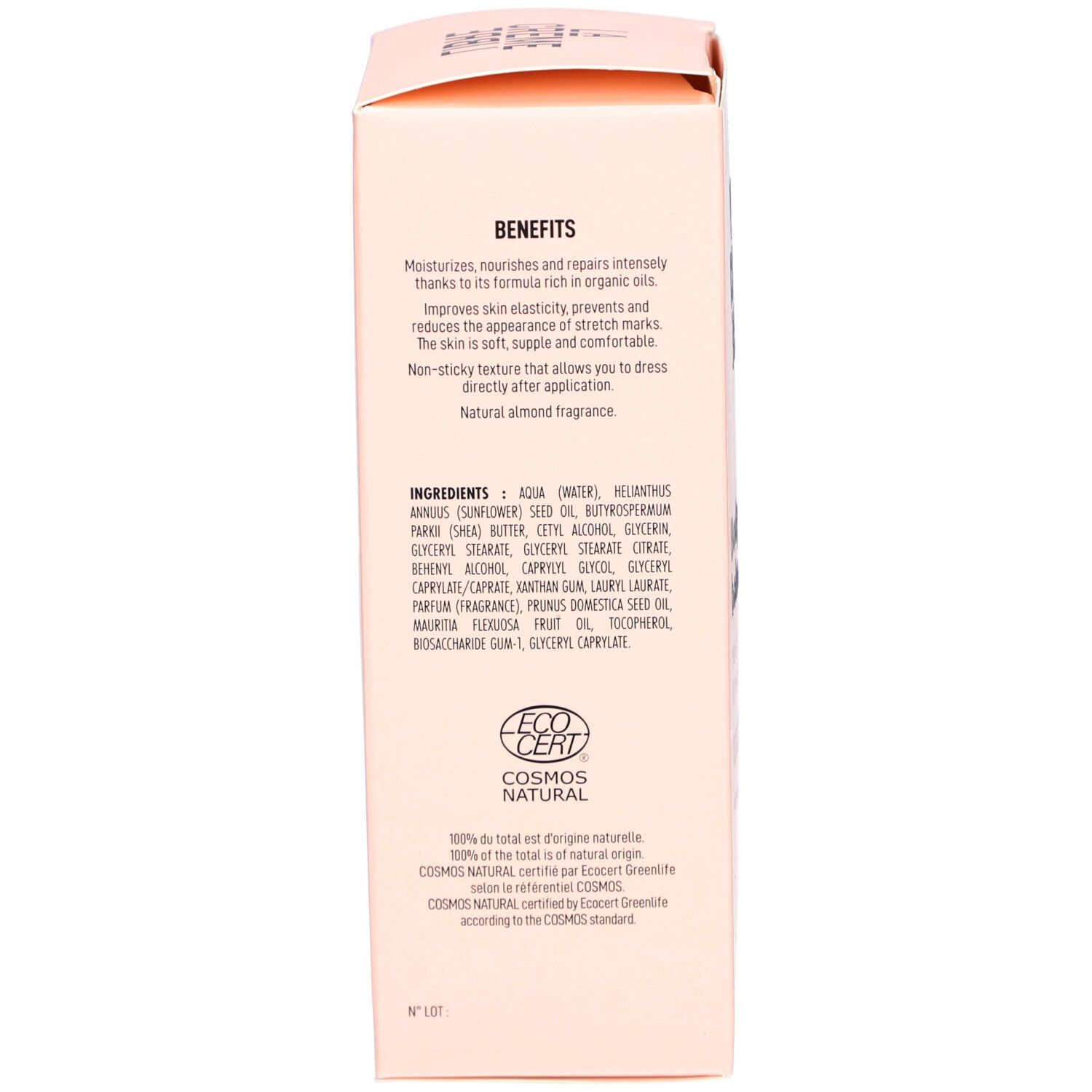 Dos de la boîte rose. Texte sur les avantages, les ingrédients et la certification.