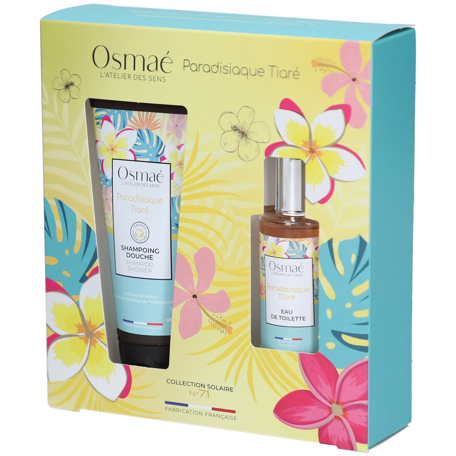 Coffret cadeau avec deux produits. Un tube et un flacon dans une boîte à motifs floraux. Inscription : OSMAE.