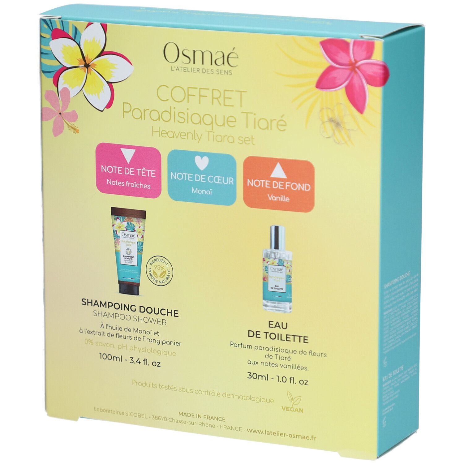 Dos du coffret cadeau avec informations sur le produit. Contient un tube, un flacon et du texte. Inscription : OSMAE.