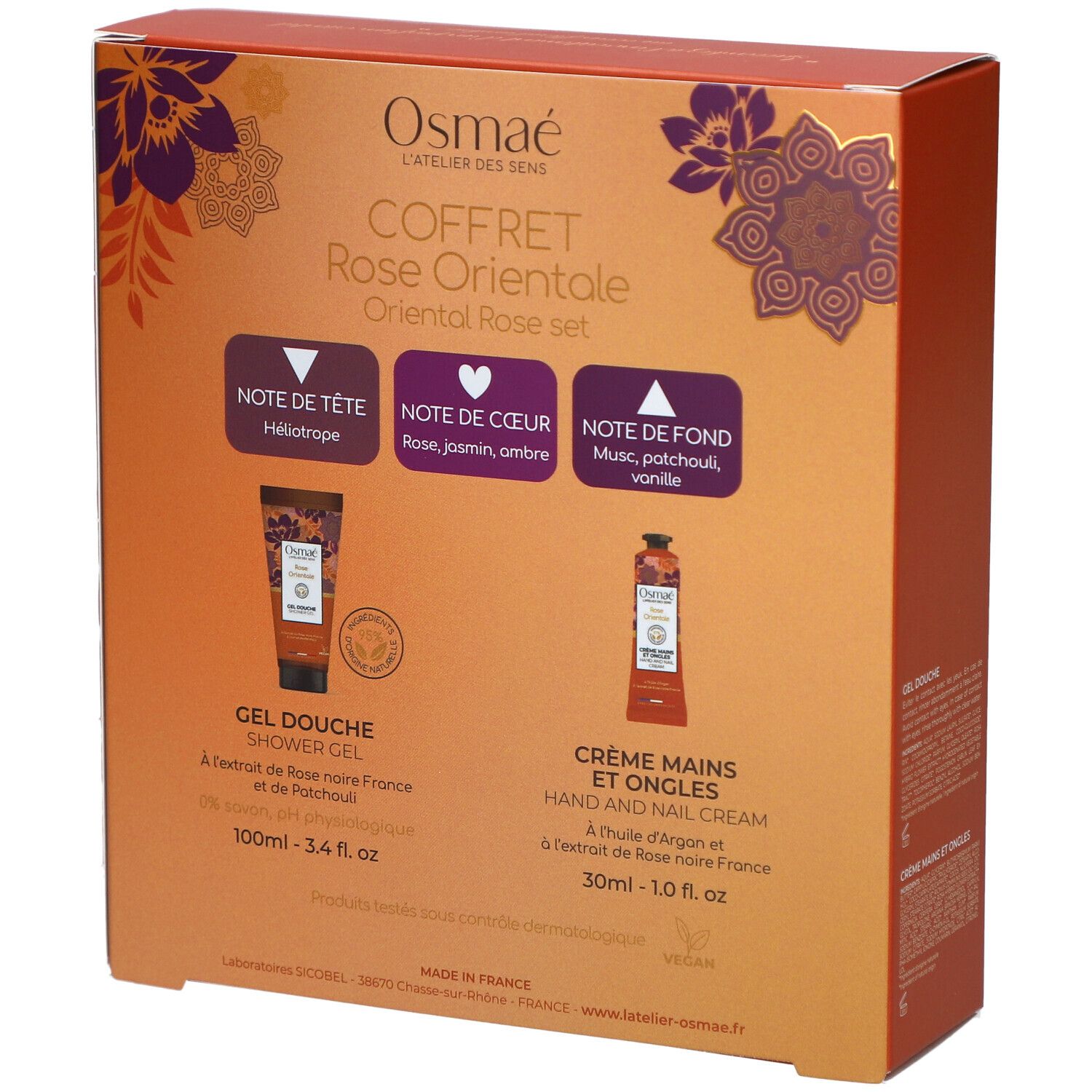 Dos du coffret cadeau. Texte: Oriental Rose Set, ingrédients. Gel douche et crème mains. Fabriqué en France.