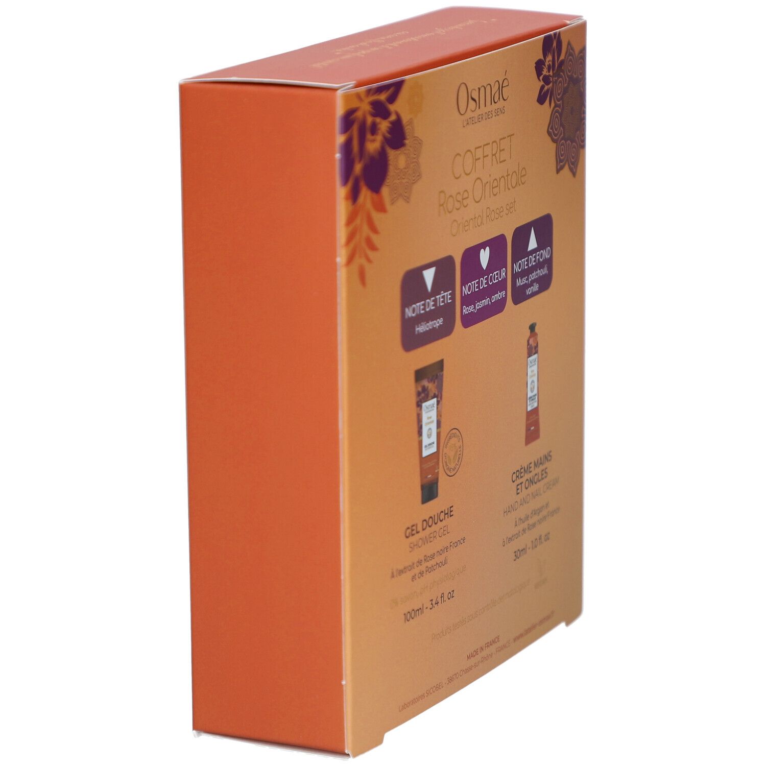 Boîte cadeau orange, vue latérale. Dos avec texte et images des produits. Fabriqué en France.