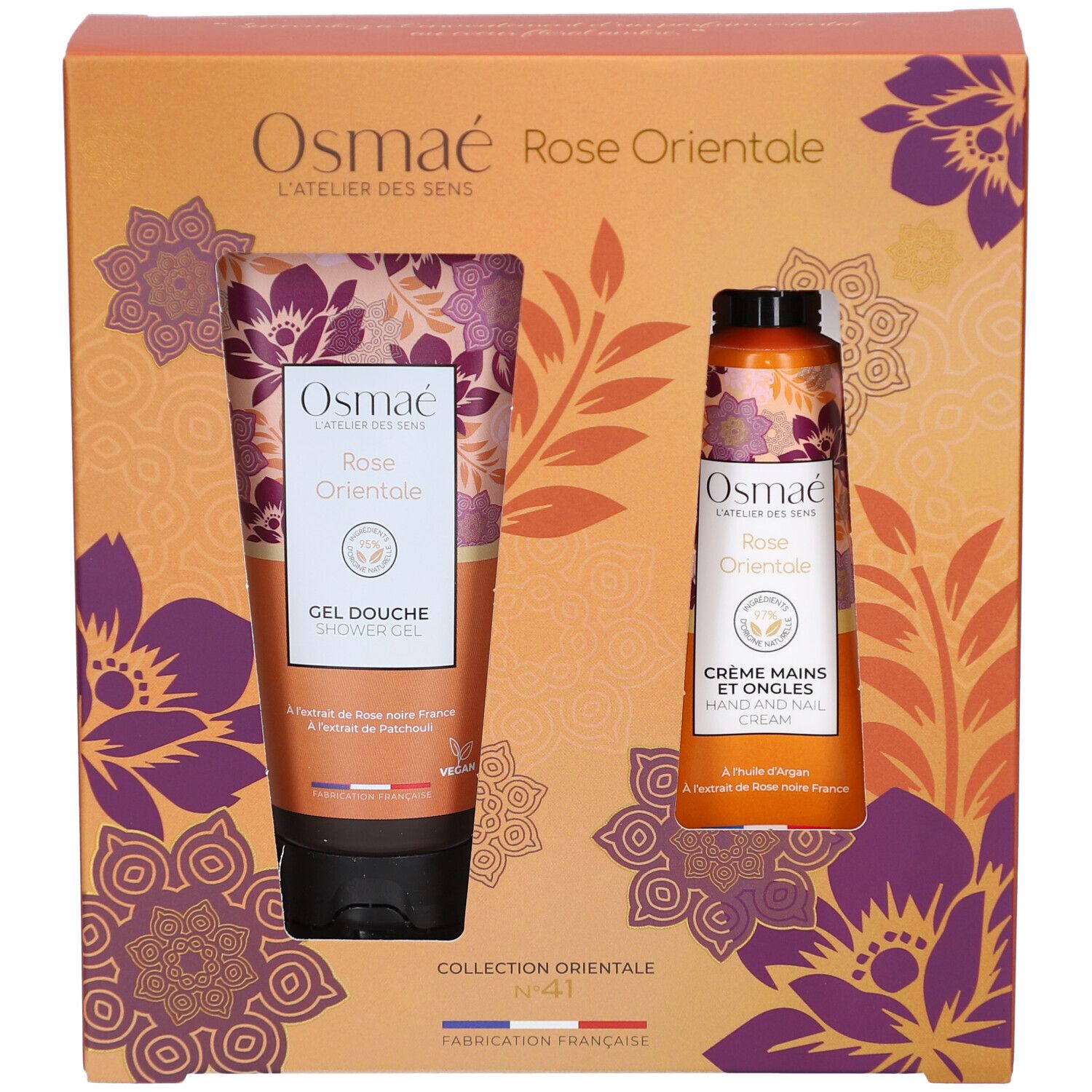 Coffret cadeau avec gel douche et crème mains. Décor floral et texte Rose Orientale. Fabriqué en France.
