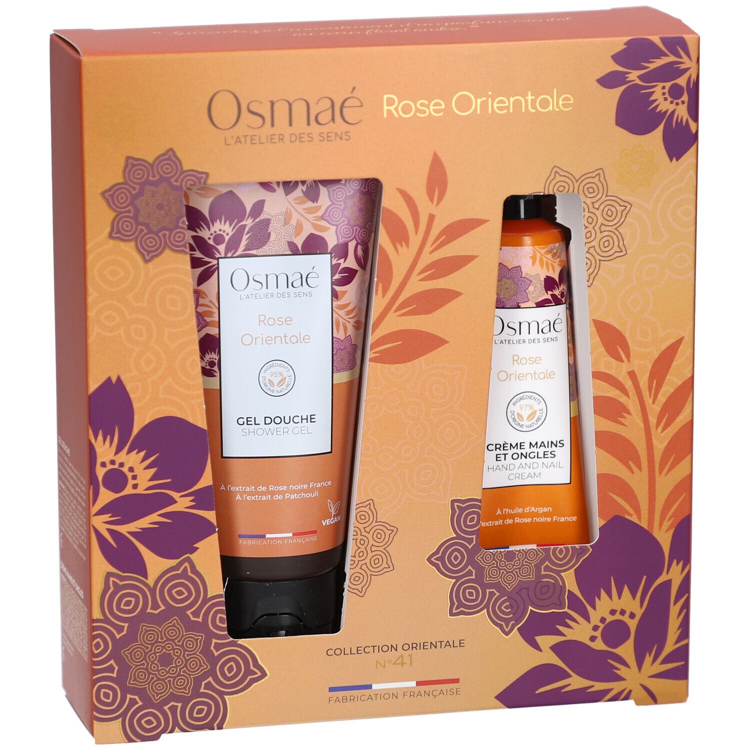 Coffret cadeau avec gel douche et crème mains. Décor floral et texte Rose Orientale. Fabriqué en France.