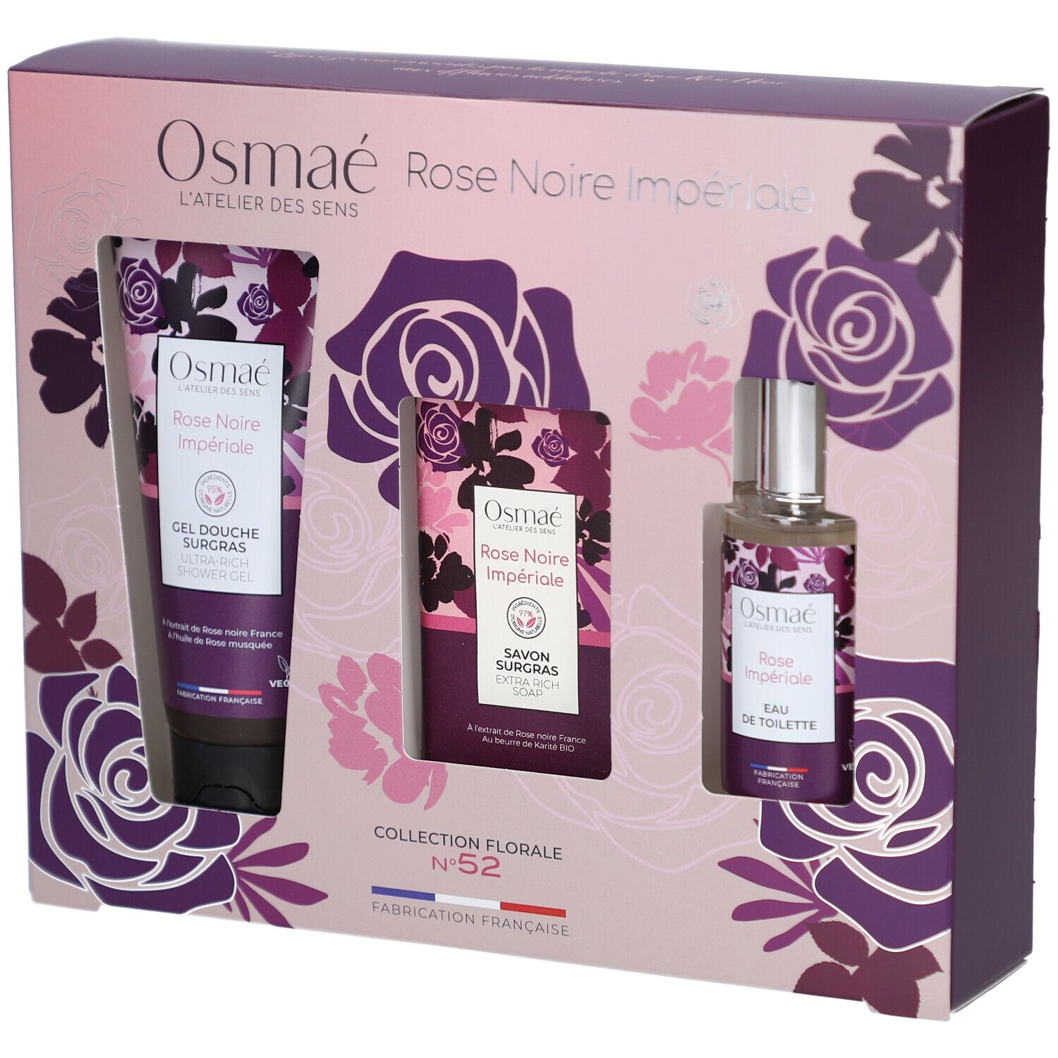 Coffret cadeau avec gel douche, savon et eau de toilette. Emballage avec motifs floraux et nom du produit.